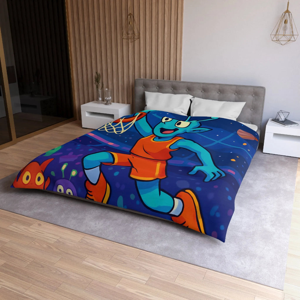 Housse de couette extraterrestre avec joueur de basket sous ciel planétaire coloré et vibrant