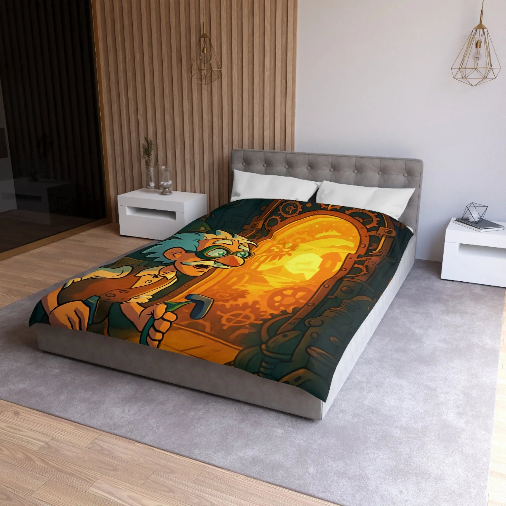 Housse de couette avec professeur inventeur et porte mystérieuse aux teintes orangées