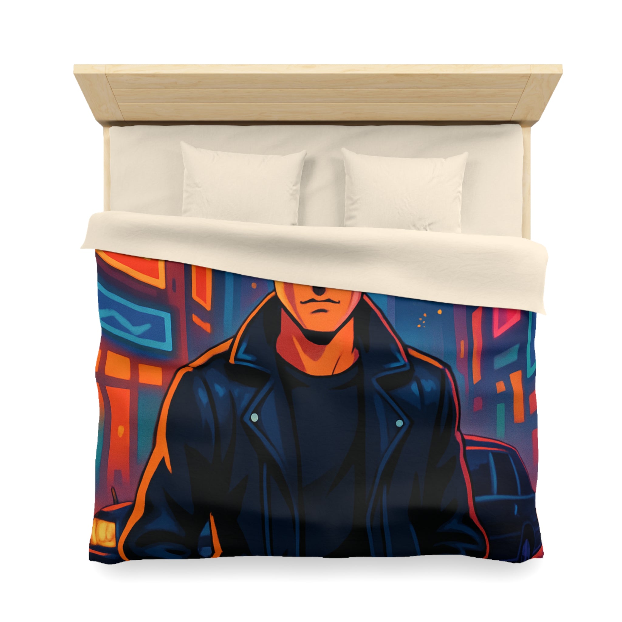 Housse de couette style rétro avec personnage en ville lumineuse sous pleine lune