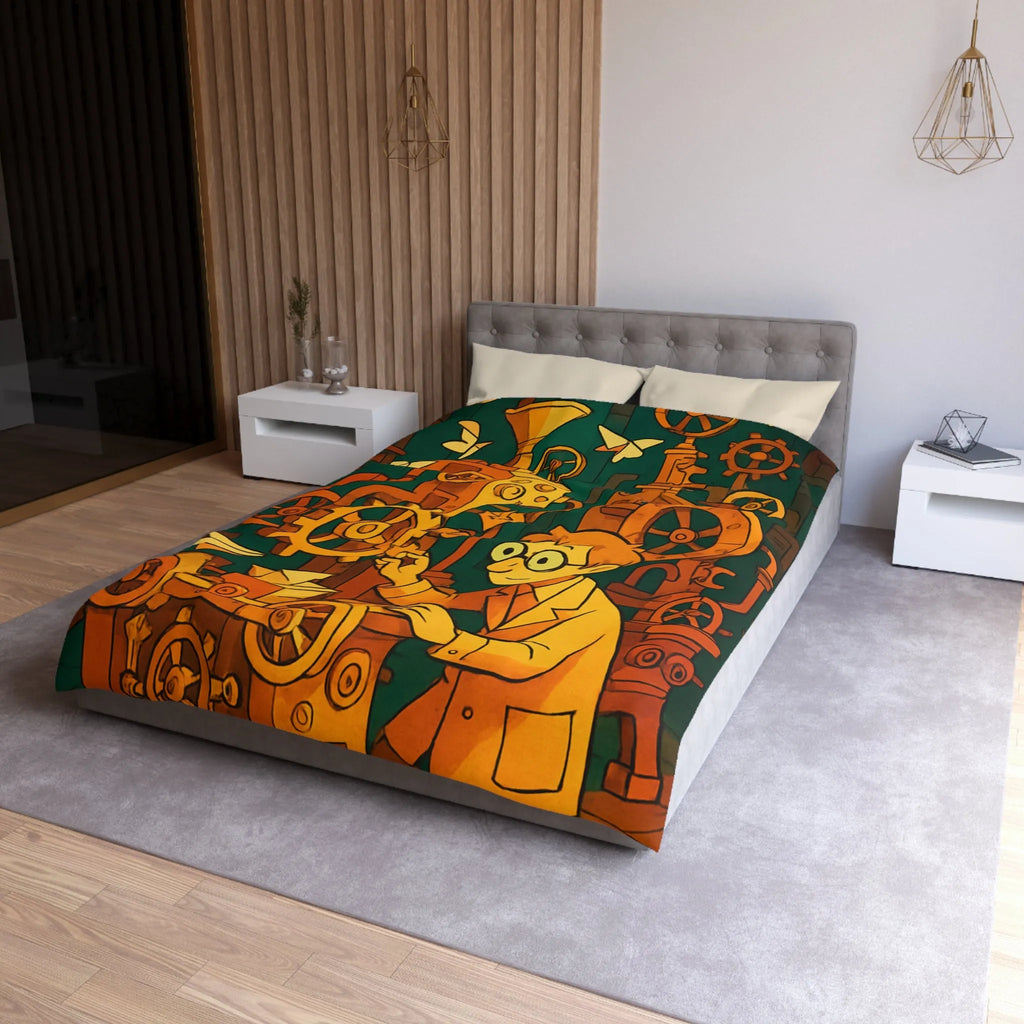 Housse de couette machine steampunk colorée avec papillons et ingénieur rêveur illustration automne