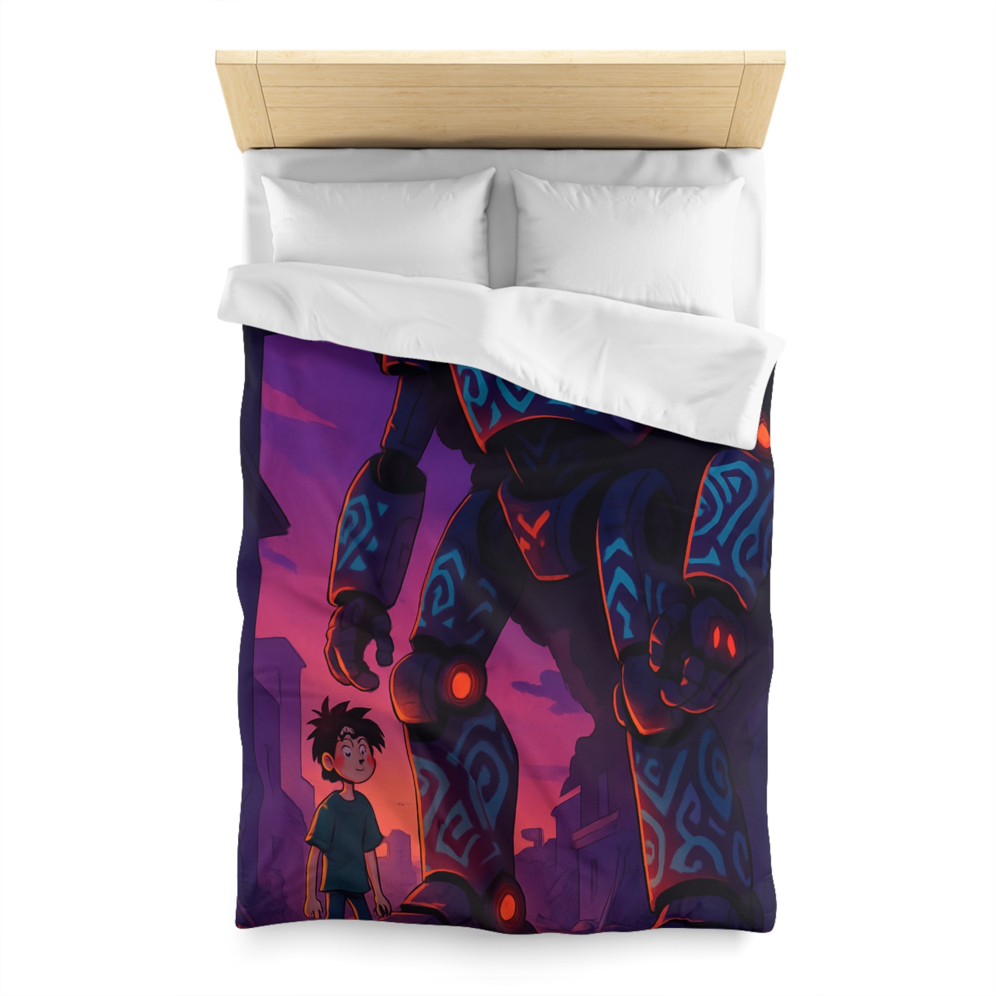 Housse de couette robot géant bleu lumineux, décor urbain vibrant et enfant émerveillé