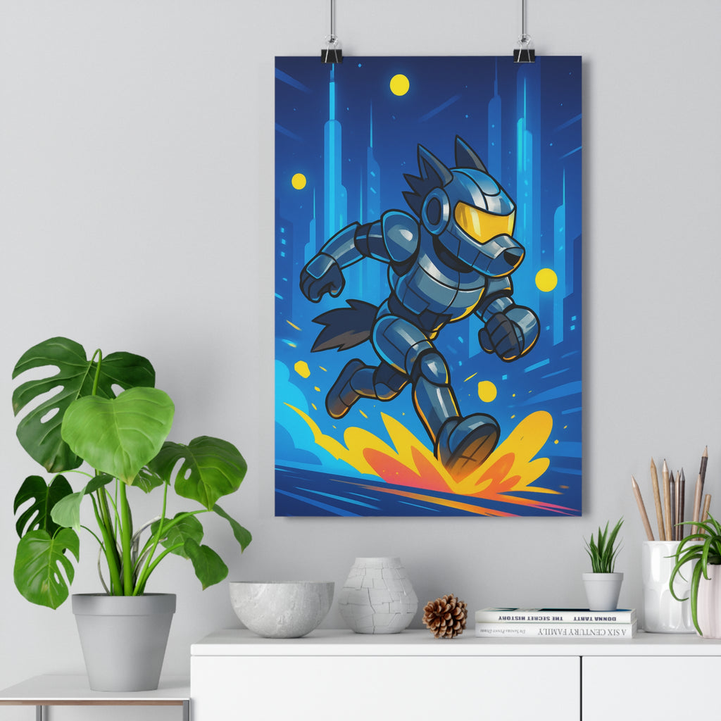 Poster décoratif sciencefiction robotisé bleu jaune futuriste urbain dynamique chambre enfant art moderne qualité