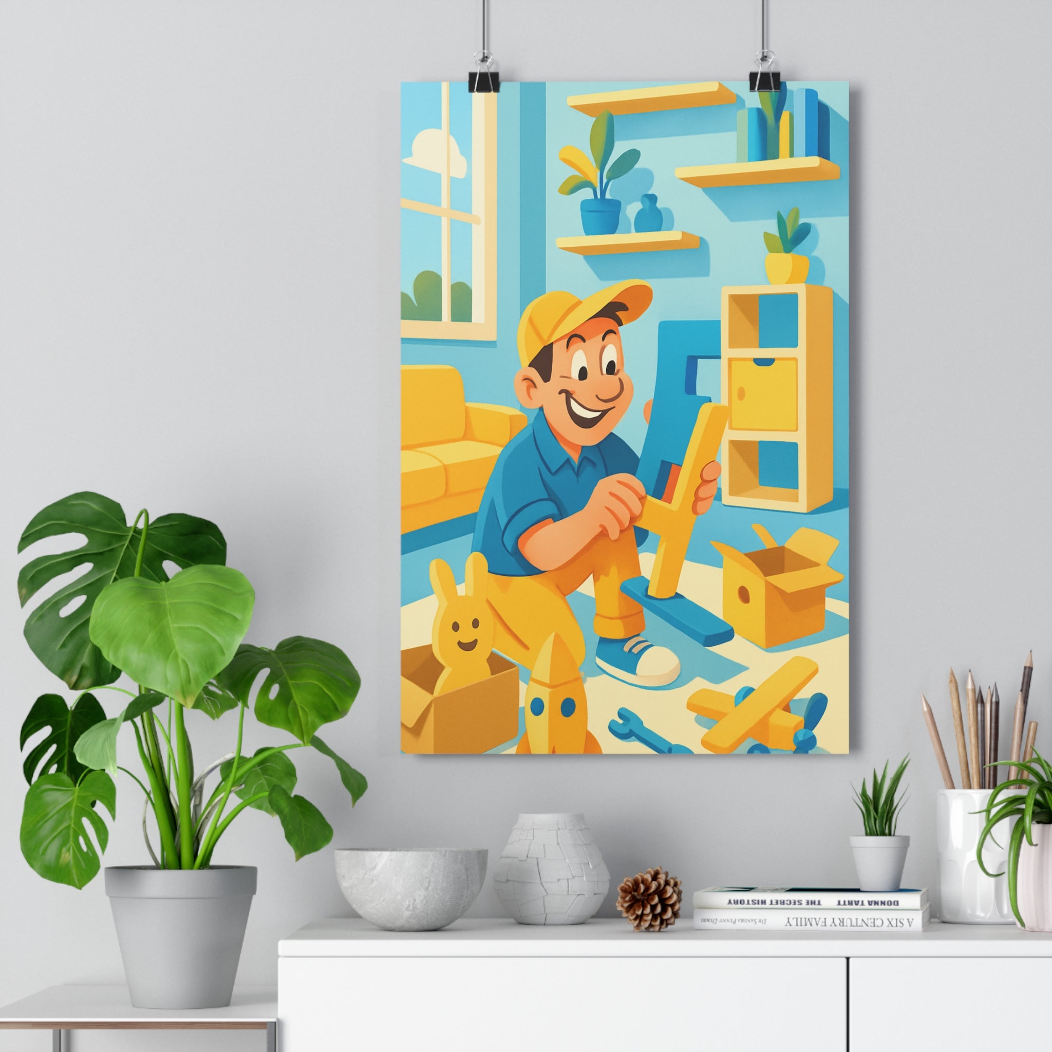 Poster décoratif jaune bleu moderne joyeux chambre enfant style coloré lumineux design maison qualité