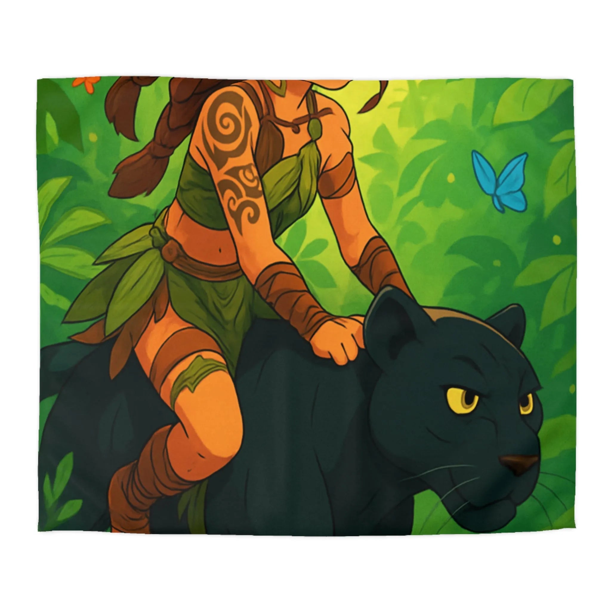 Housse de couette jungle avec fille guerrière et panthère noire pour chambre colorée