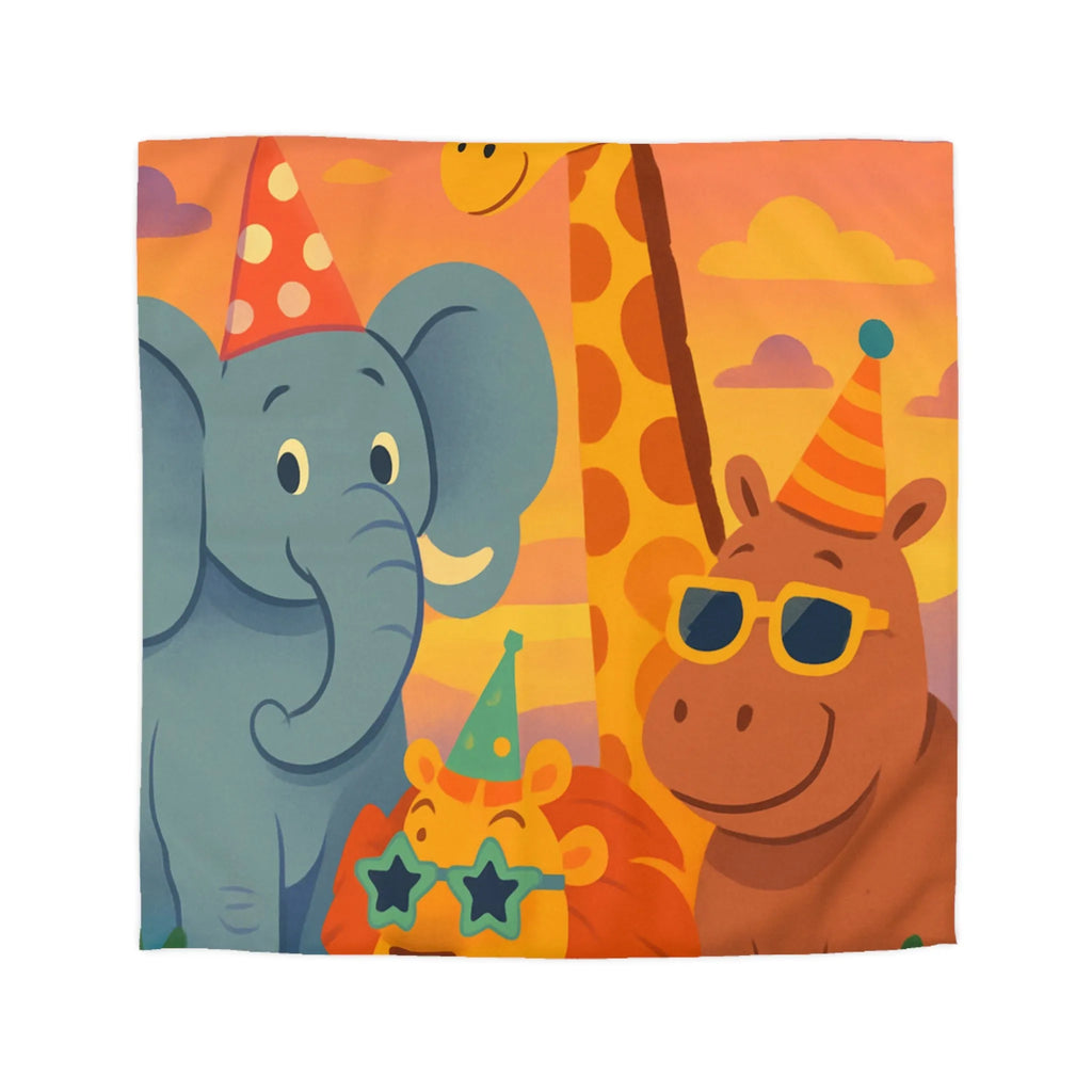 Housse de couette enfantine avec animaux de safari festifs et chapeaux colorés en fête