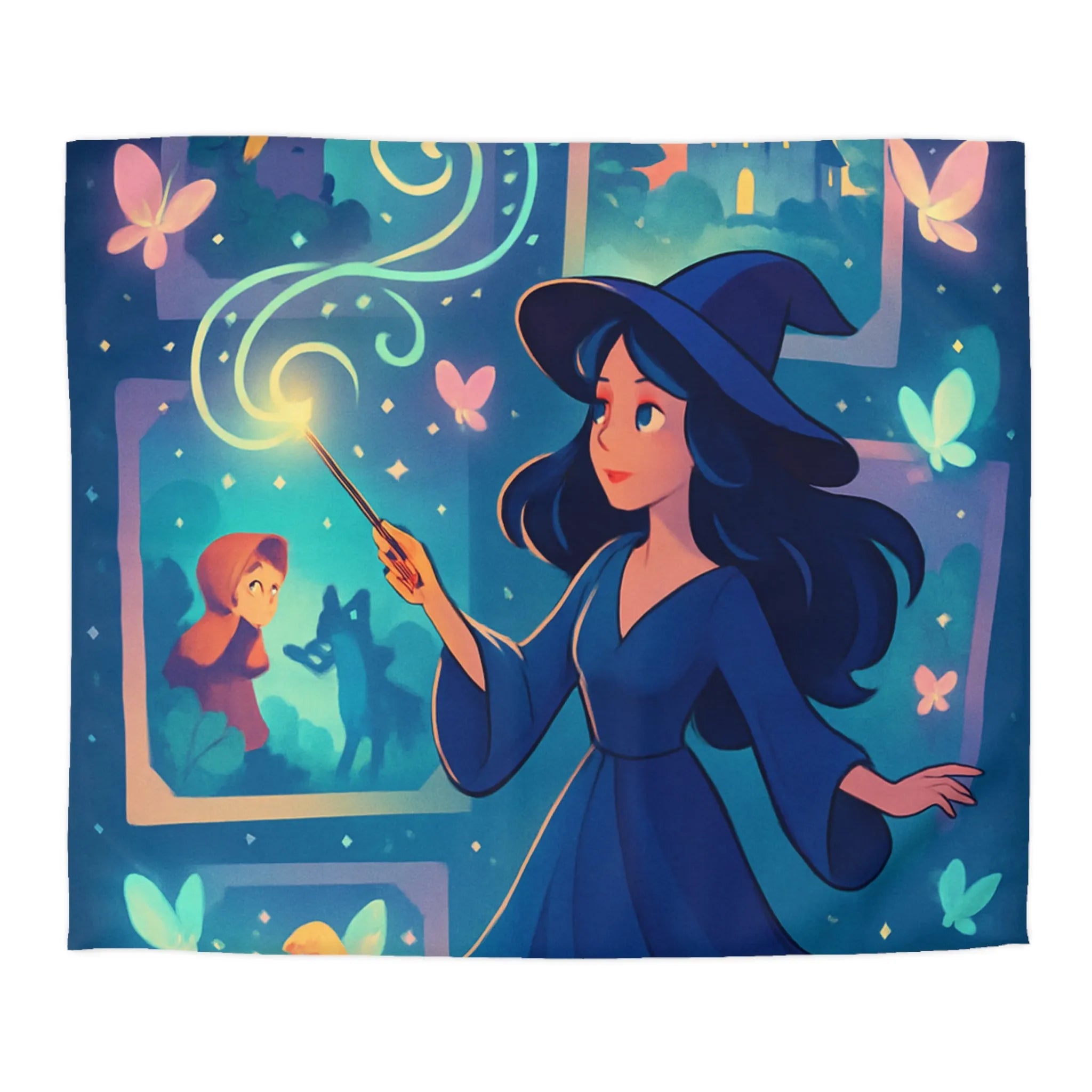 Housse de couette féérique avec sorcière et papillons dans un univers enchanteur pour enfants