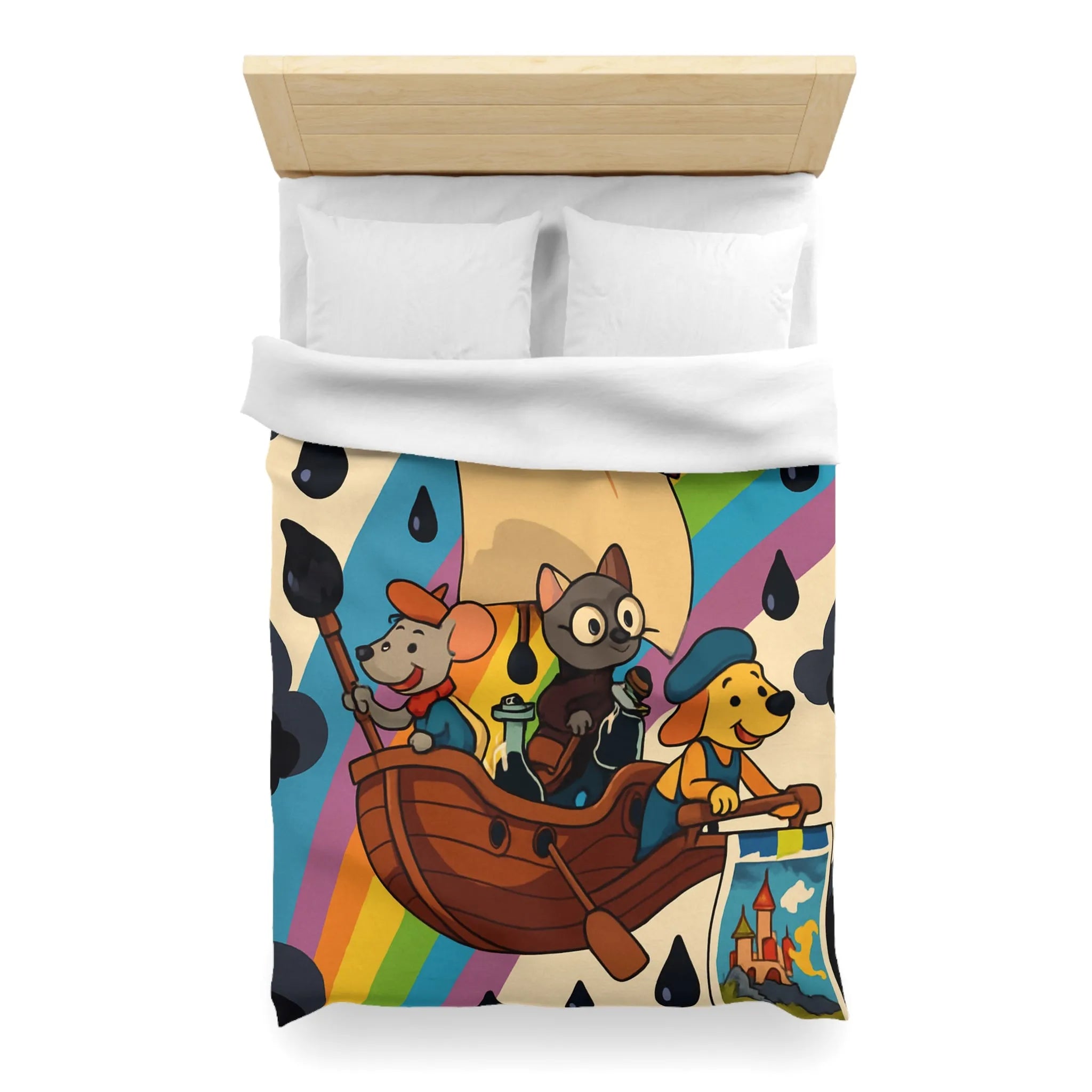 Housse de couette enfant avec animaux navigateurs sur arc-en-ciel et bateau enchanteur