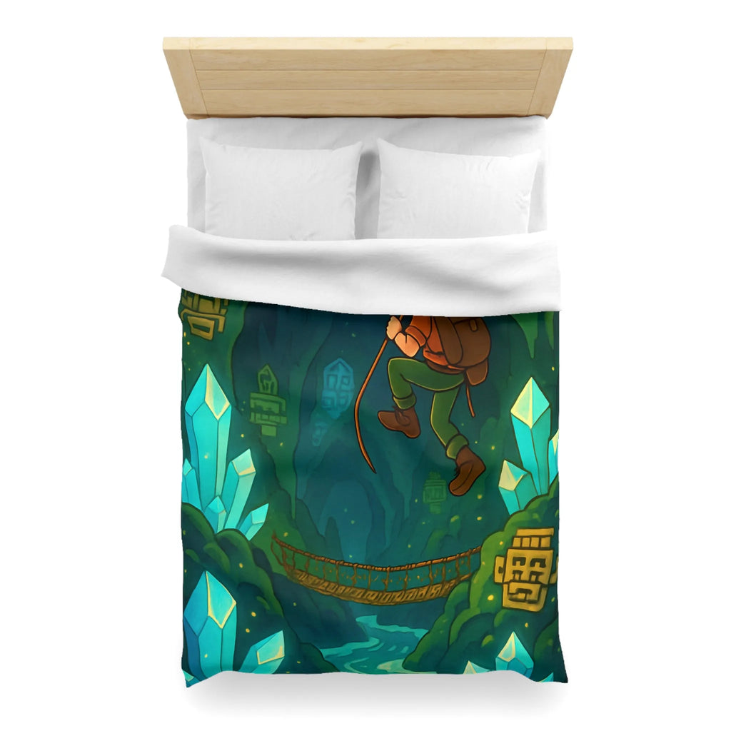 Explorateur suspendu dans une mystérieuse caverne remplie de cristaux et de mystères anciens