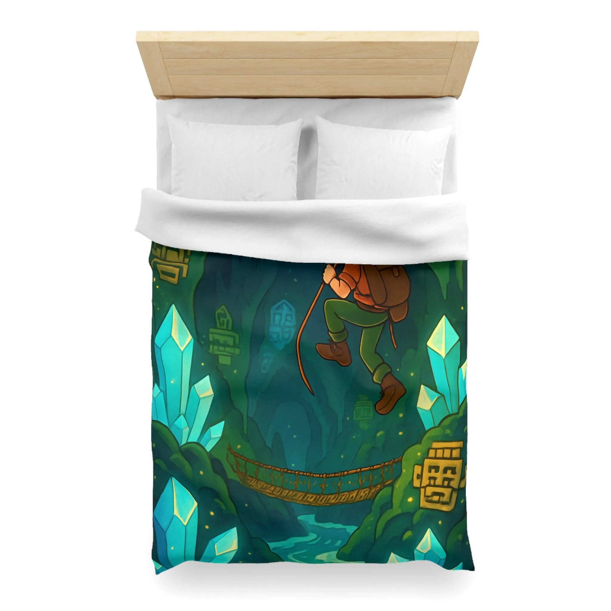 Explorateur suspendu dans une mystérieuse caverne remplie de cristaux et de mystères anciens