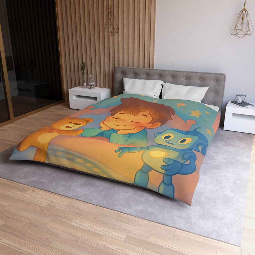Housse pour enfants avec ourson, robot et train sur fond étoilé et lunaire