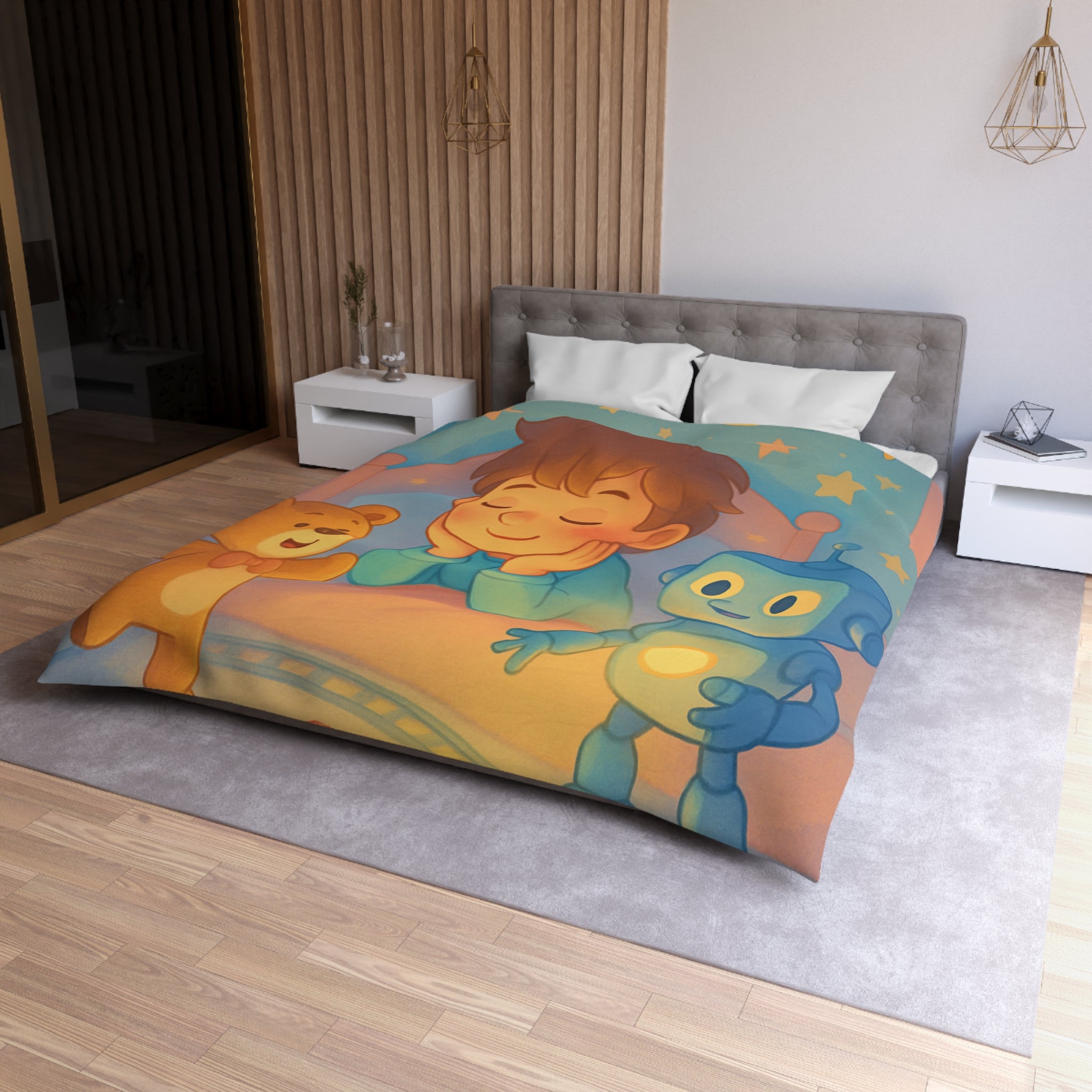 Housse pour enfants avec ourson, robot et train sur fond étoilé et lunaire