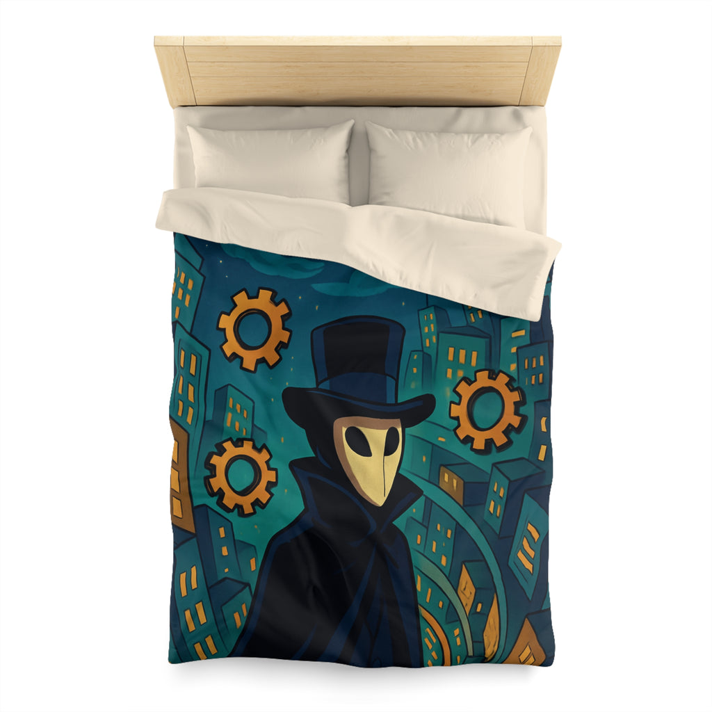 Housse de couette mystérieuse avec personnage masqué, engrenages dorés et ville nocturne