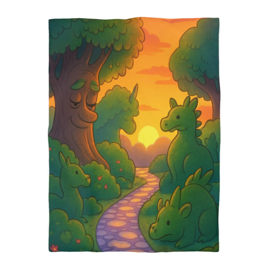 Housse de Couette Enchantée avec Dinosaure au Coucher du Soleil pour Chambre Enfant