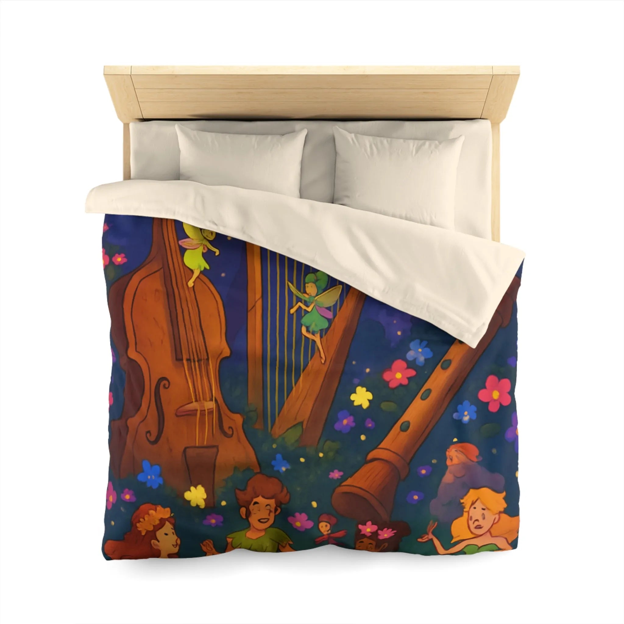Housse de couette féérique forêt musicale, fées dansant avec fleurs et instruments enchanteurs