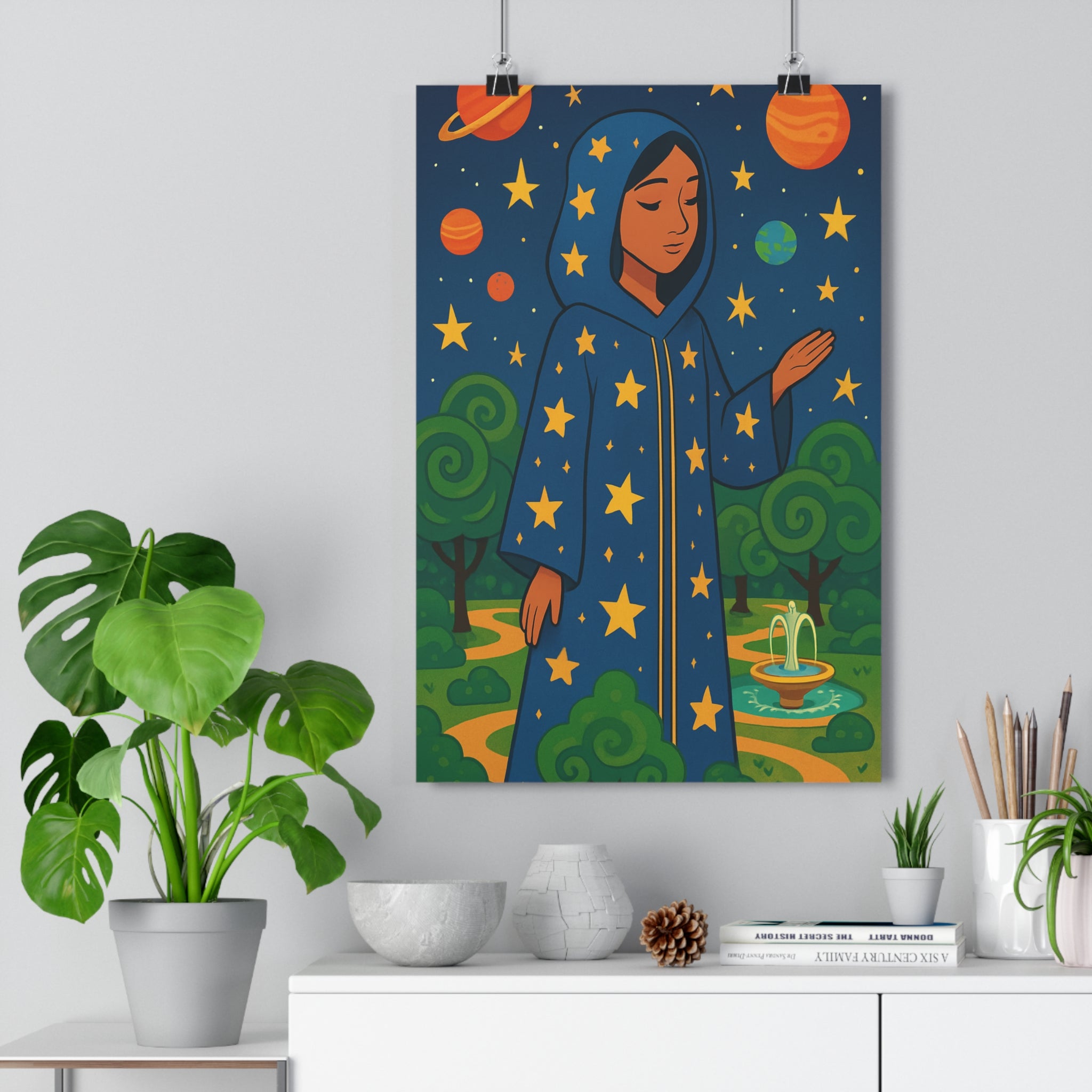 Poster décoratif cosmique dessin animé mystique bleu orange vert chambre salon enfant unique qualité