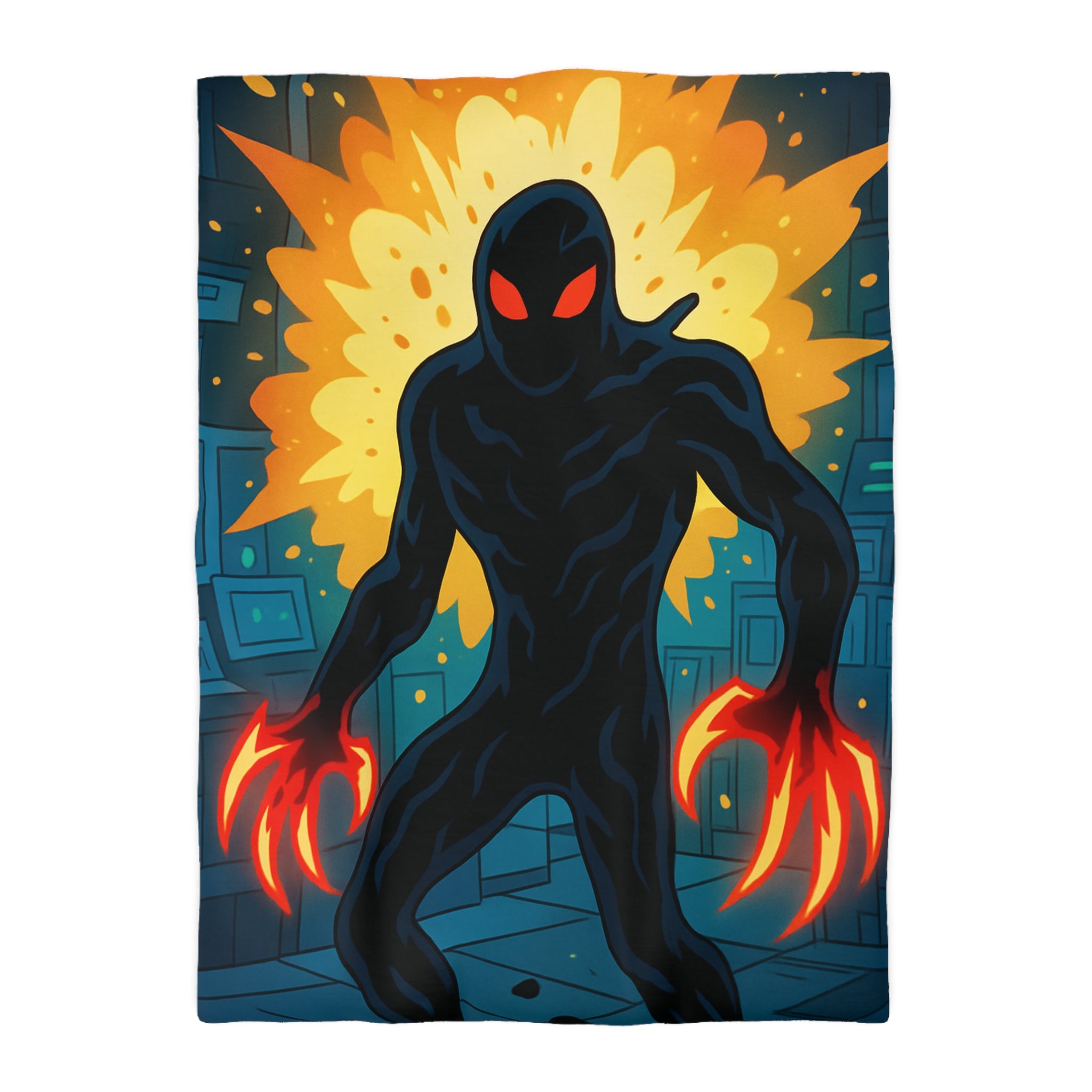 Housse de couette sombre avec créature enflammée aux griffes lumineuses