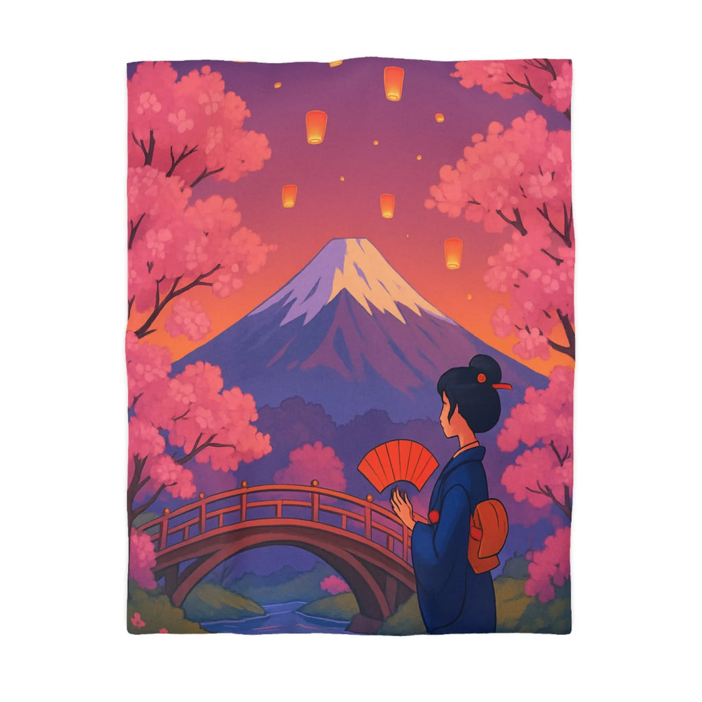 Housse de couette japonaise avec cerisiers, lanterne et vue sur le Mont Fuji