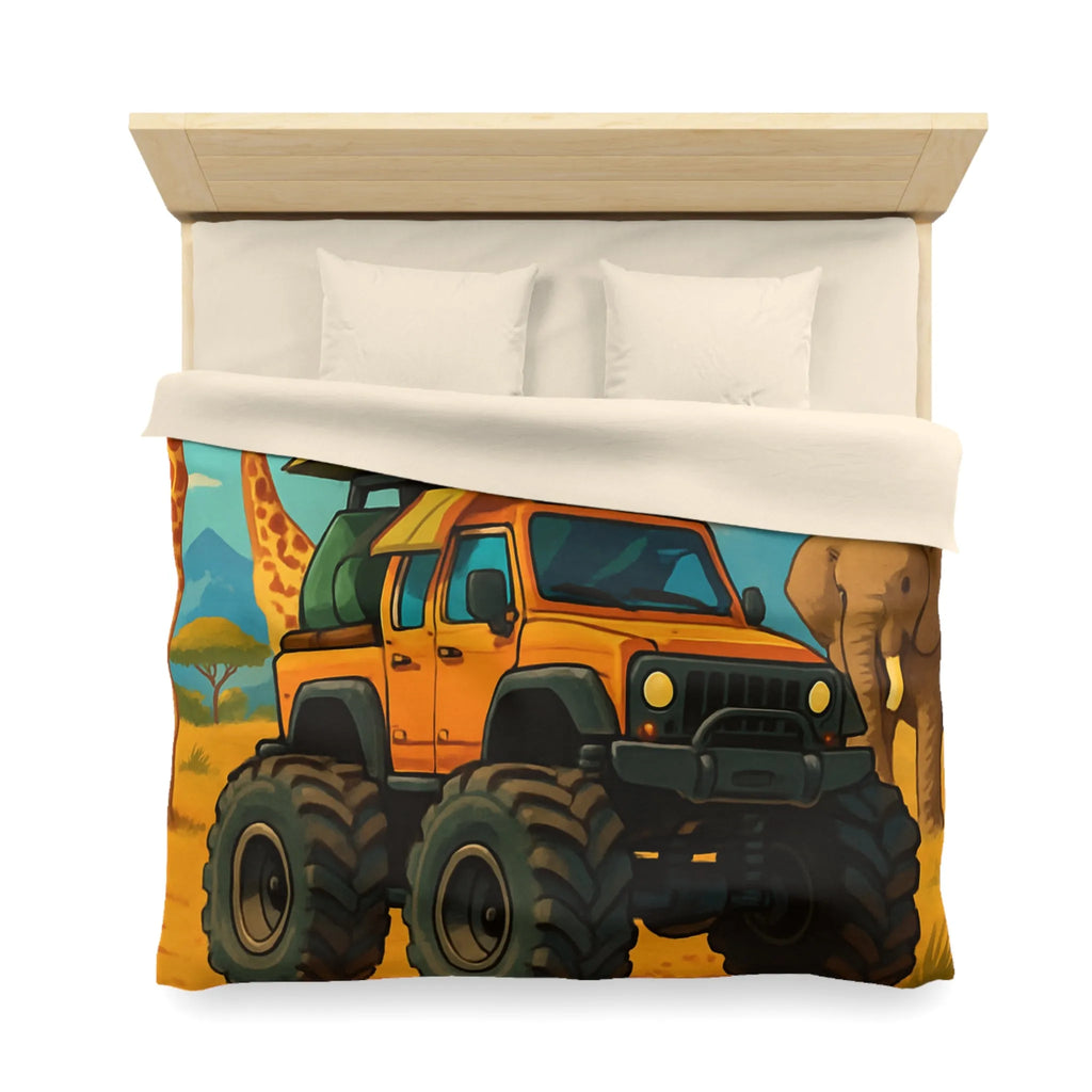 Housse de couette colorée avec véhicule tout-terrain et animaux dans la savane africaine