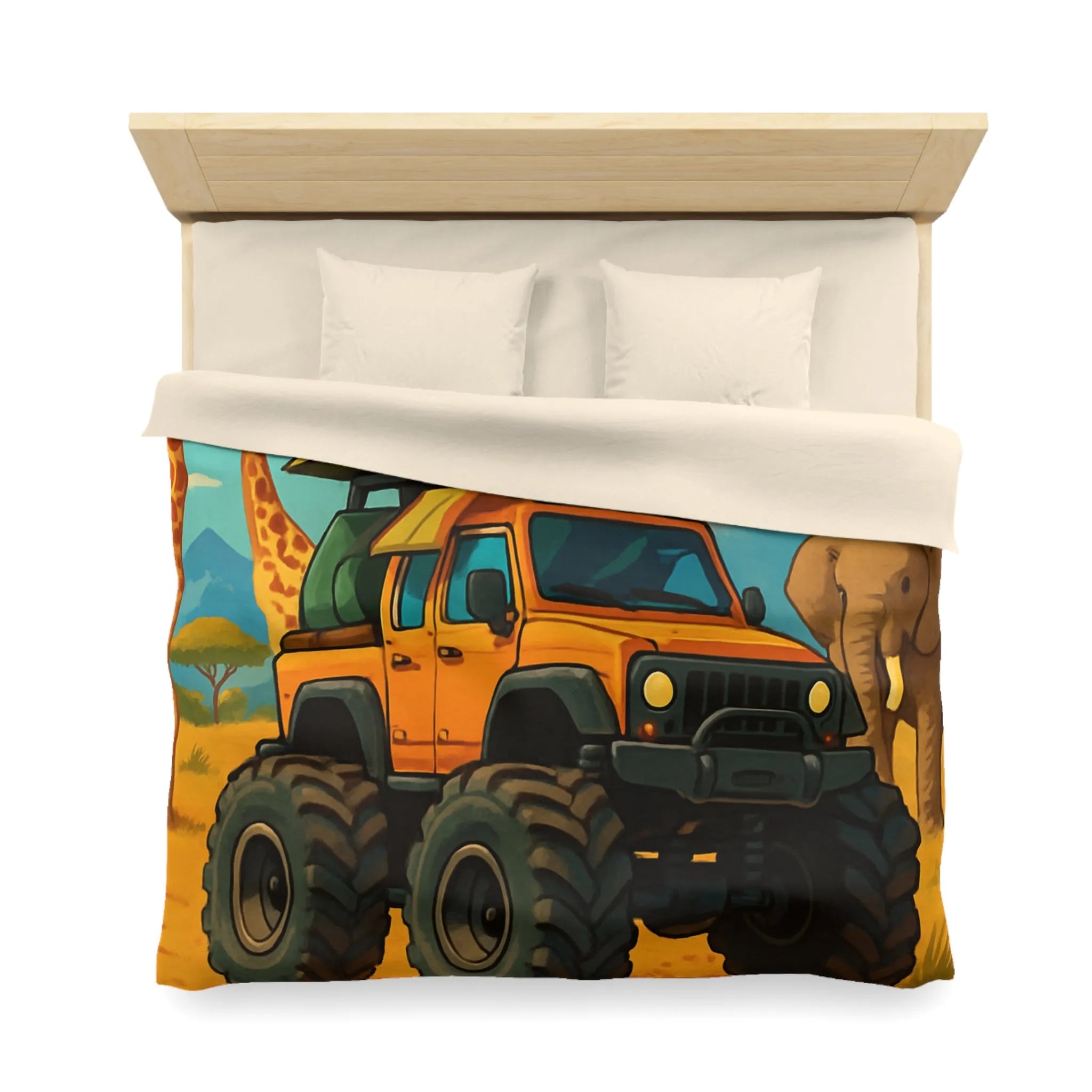 Housse de couette colorée avec véhicule tout-terrain et animaux dans la savane africaine