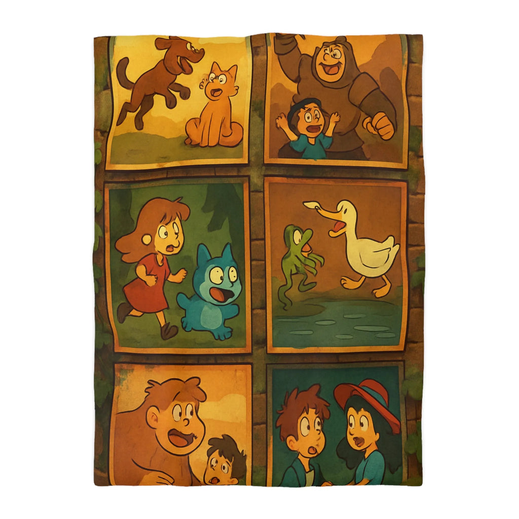 Housse de couette illustrée de scènes animées animalières et humaines ludiques et colorées