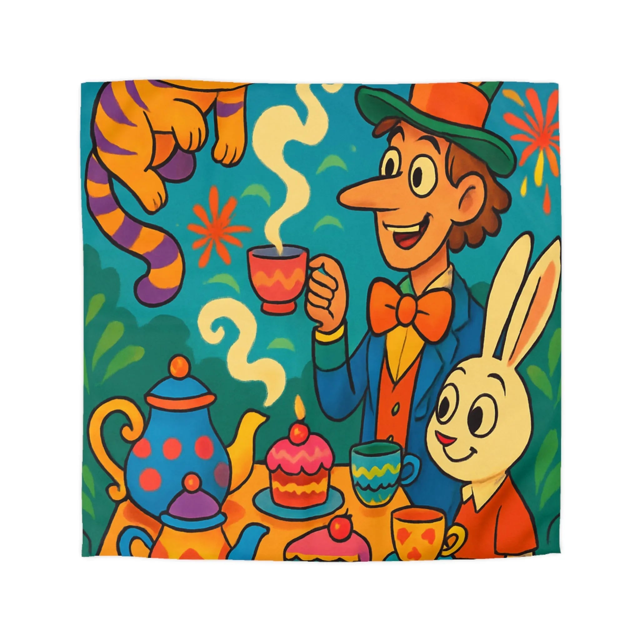 Housse de couette colorée avec scène de thé joyeuse inspirée d'un conte fantaisiste