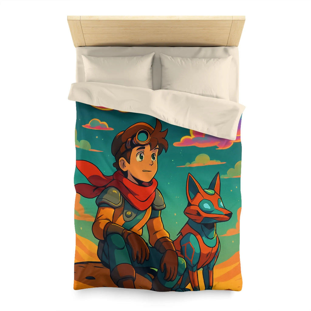 Housse de couette avec illustration colorée de personnage animé et chien robot sous ciel étoilé
