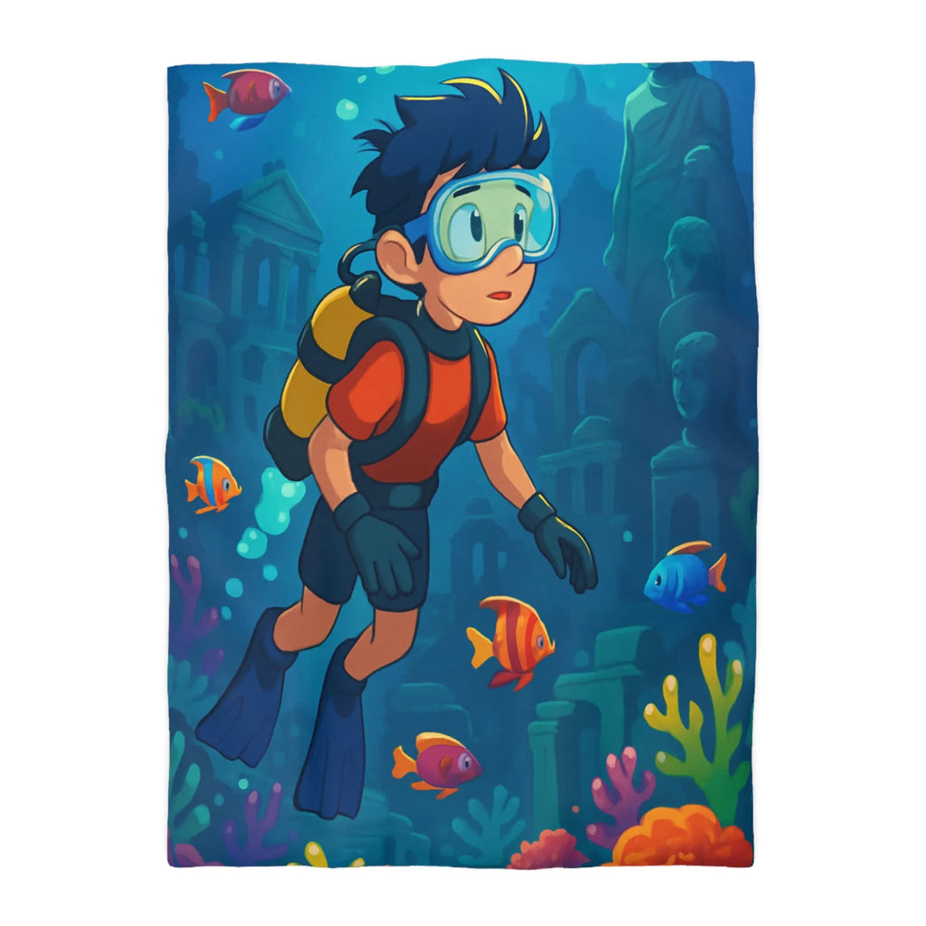 Housse de couette colorée avec plongeur et ruines sous-marines, poissons tropicaux vibrants