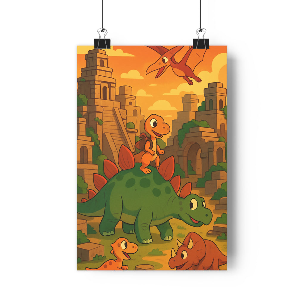 Poster décoratif cartoon vert orange marron dinosaures joyeux aventure chambre enfant ludique ancien style