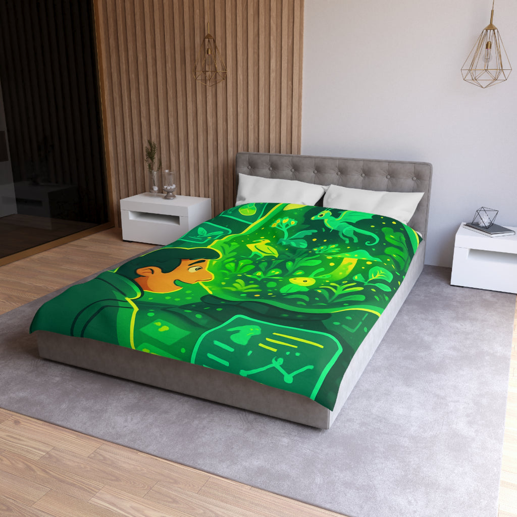 Housse de couette verte forêt magique avec créatures et éléments de laboratoire lumineux