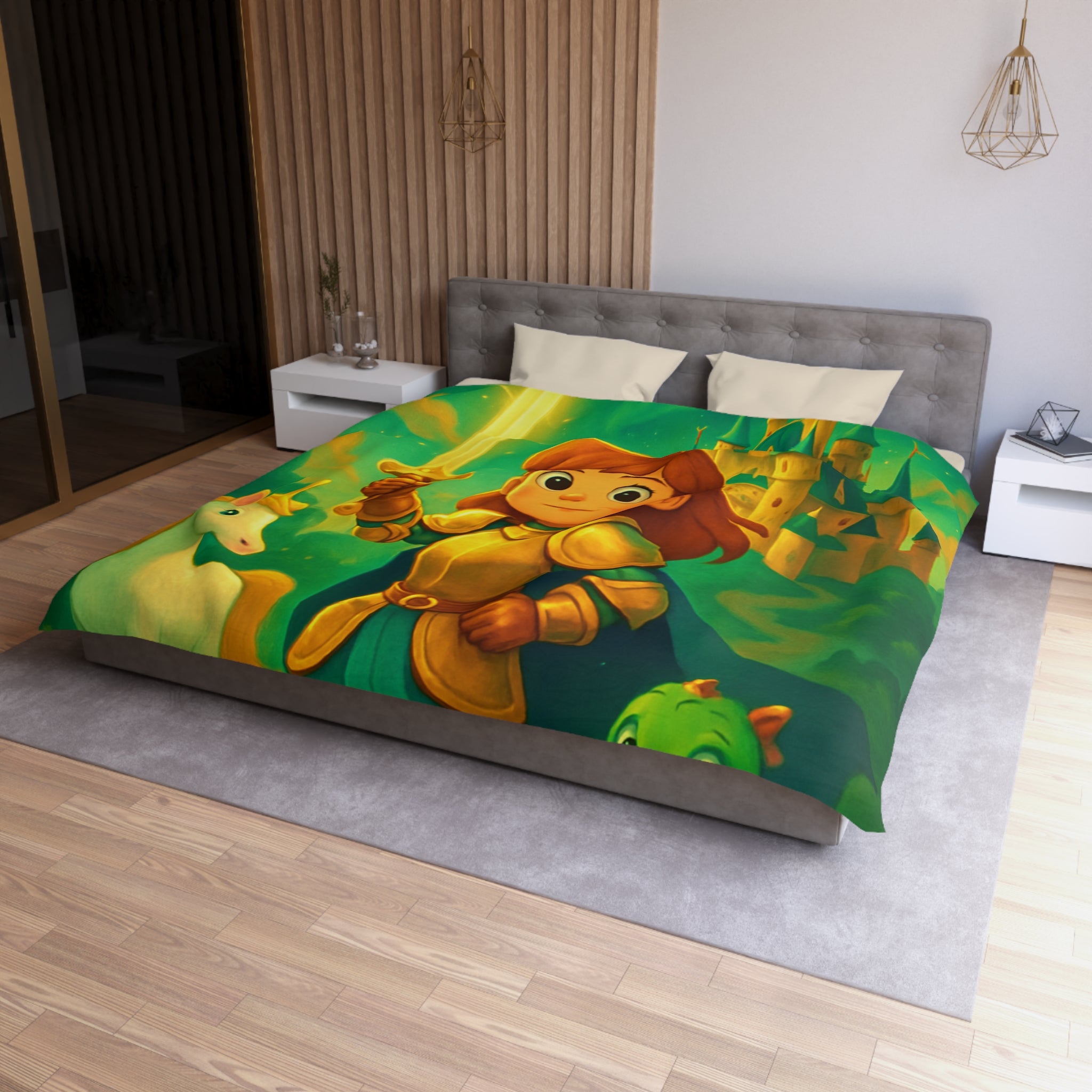 Housse de couette pour enfants avec chevalier, château et animaux fantastiques