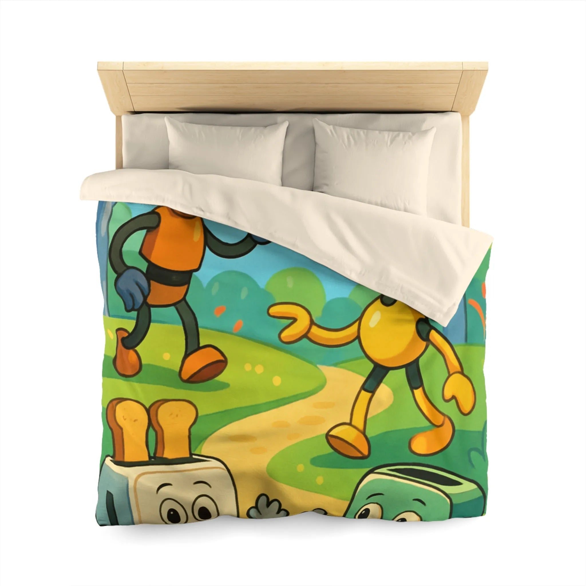 Housse de couette colorée avec robots joyeux et paysage forestier graphique