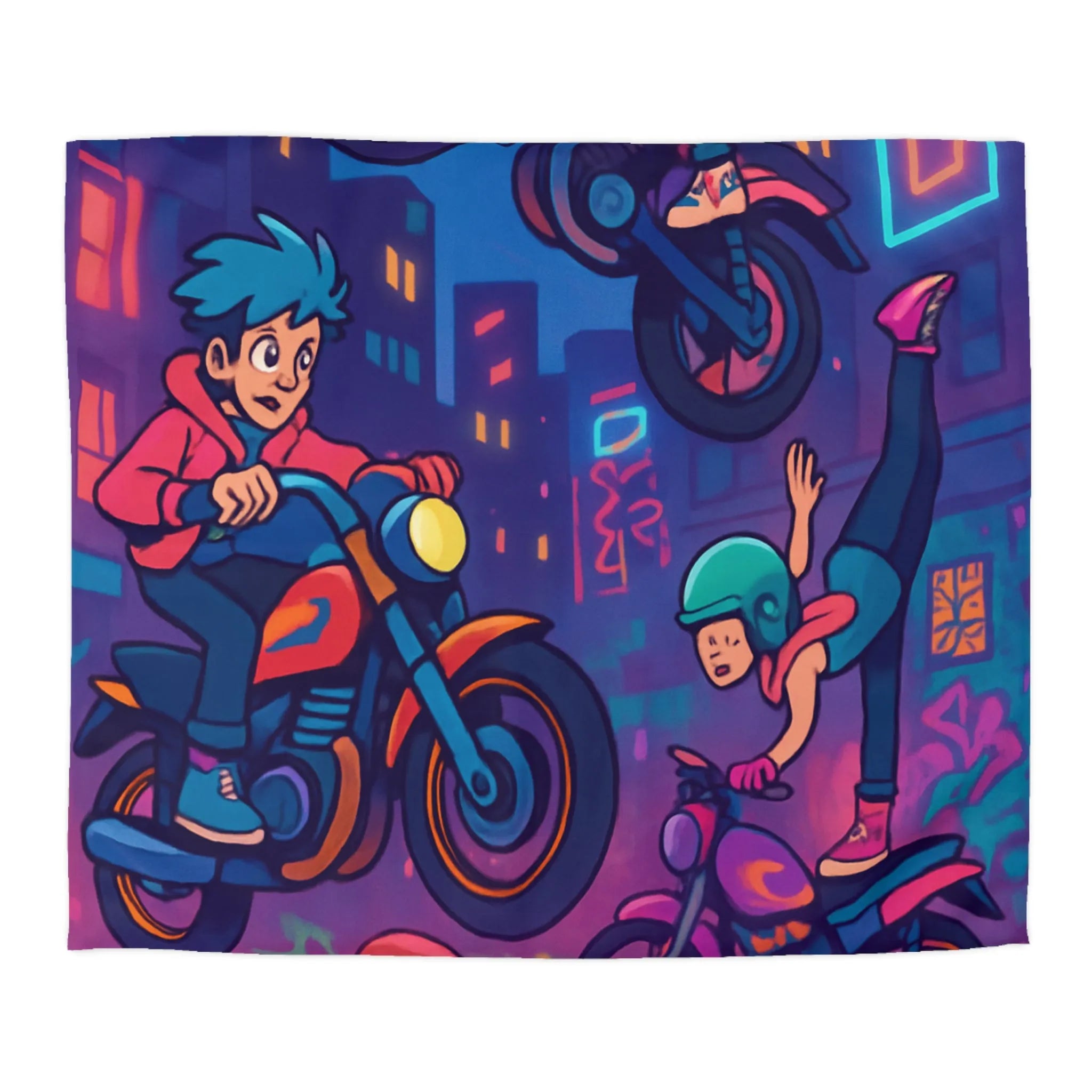 Housse de couette illustrée acrobaties moto urbaines néon dynamique style bande dessinée vibrante