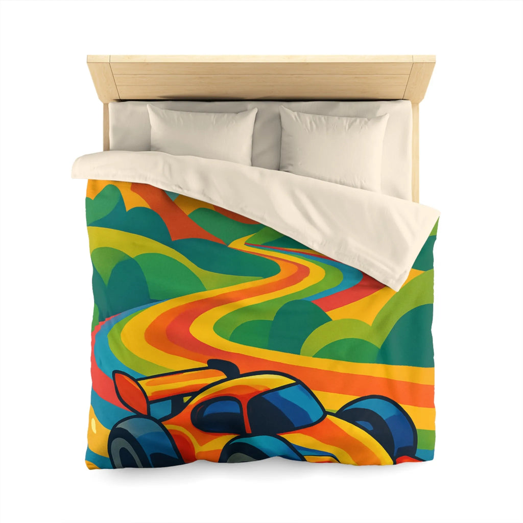 Housse de Couette Colorée avec Voiture de Course et Collines Arc-en-ciel Ensoleillées