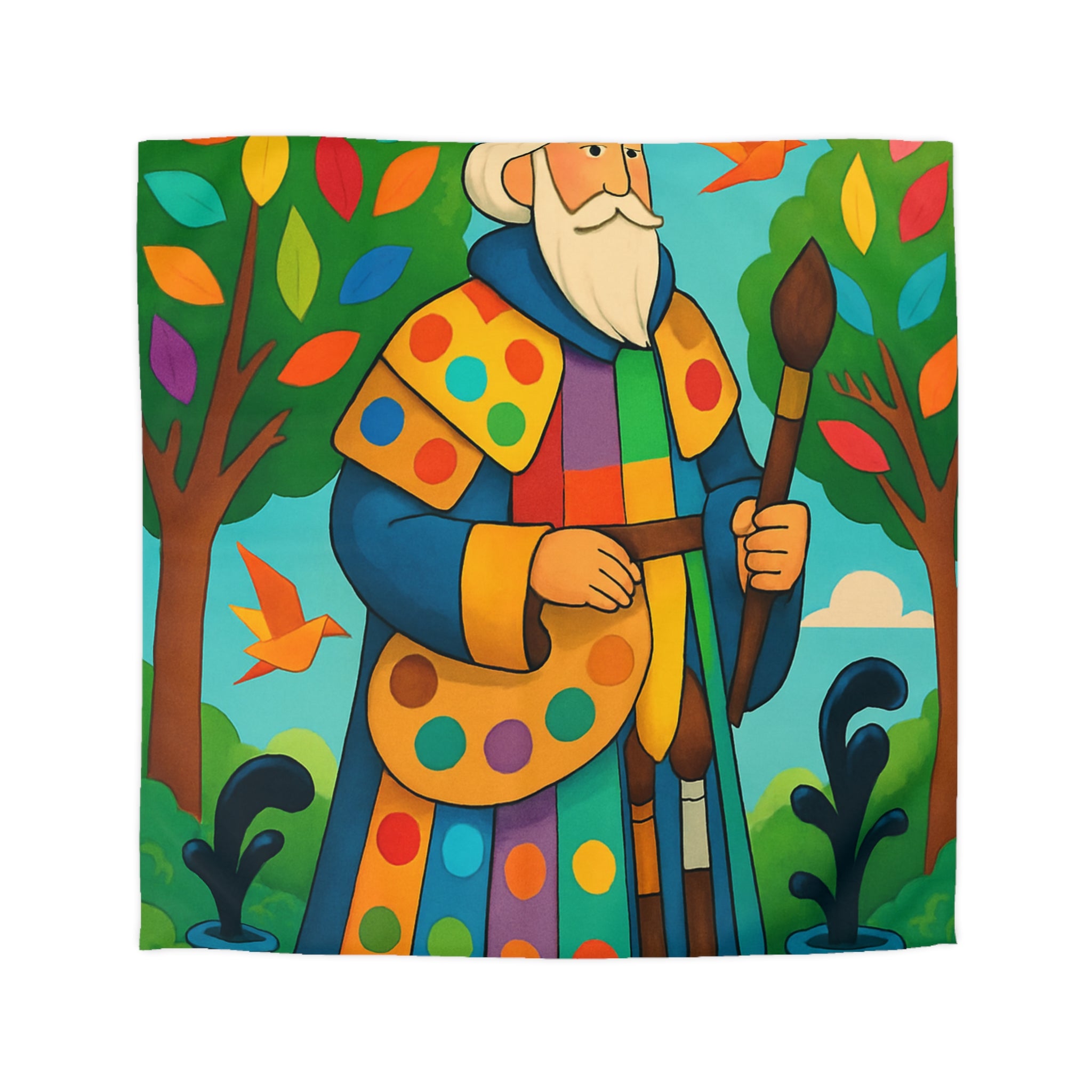 Housse de couette multicolore avec roi et oiseaux dans un jardin enchanteur