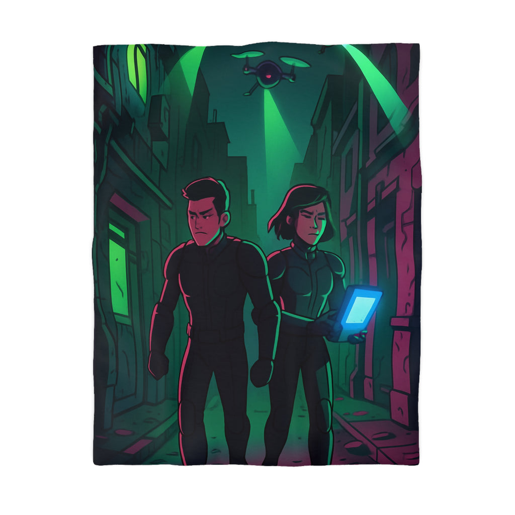 Housse de couette motif espionnage futuriste avec drones dans une ruelle mystérieuse