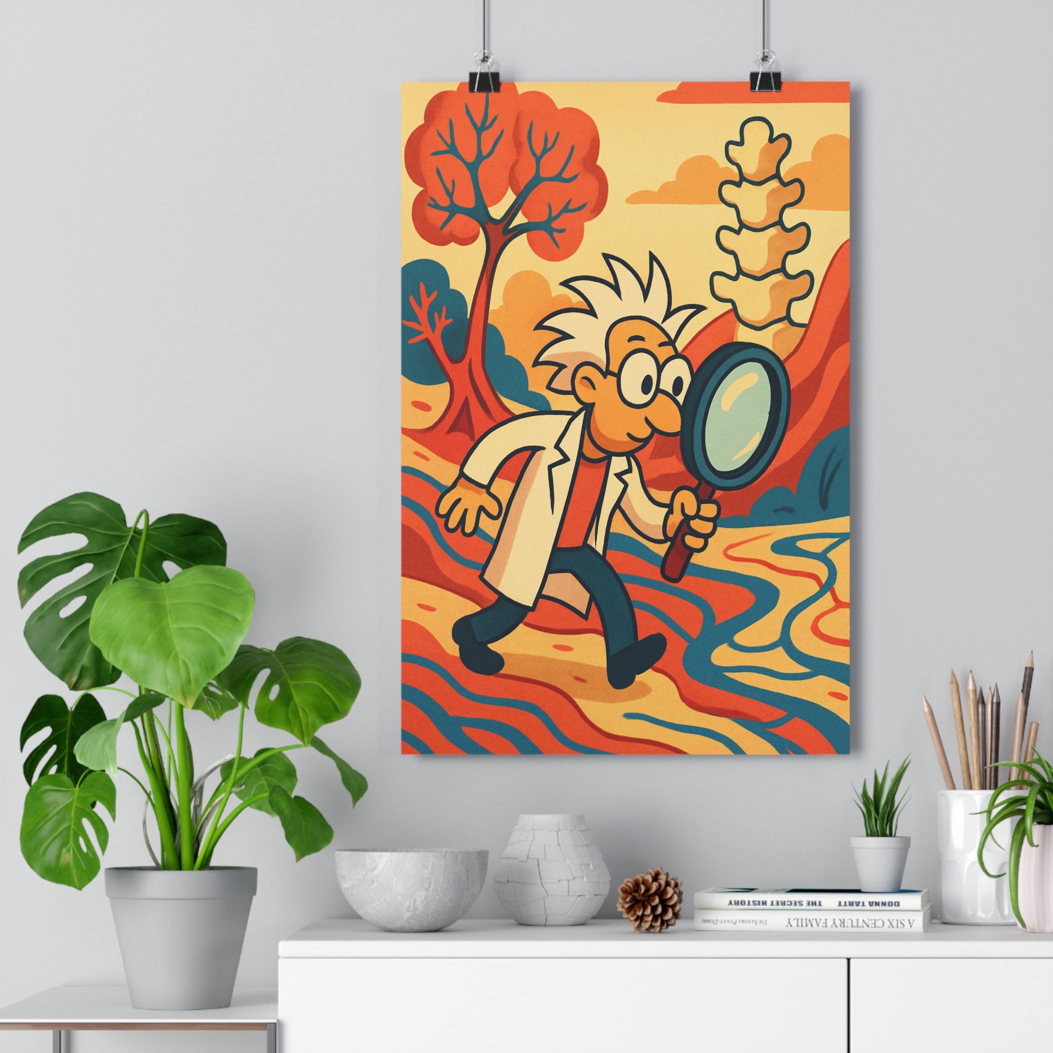 Poster décoratif dessin animé rouge bleu orange mystique enfant bureau scientifique paysage ludique 30x46