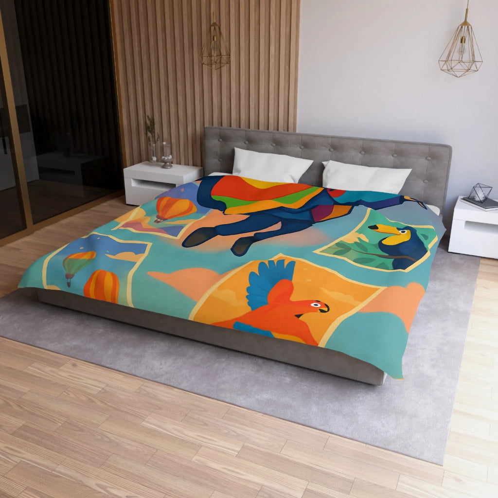 Housse de couette colorée avec motifs d'aventure de montgolfières et oiseaux exotiques