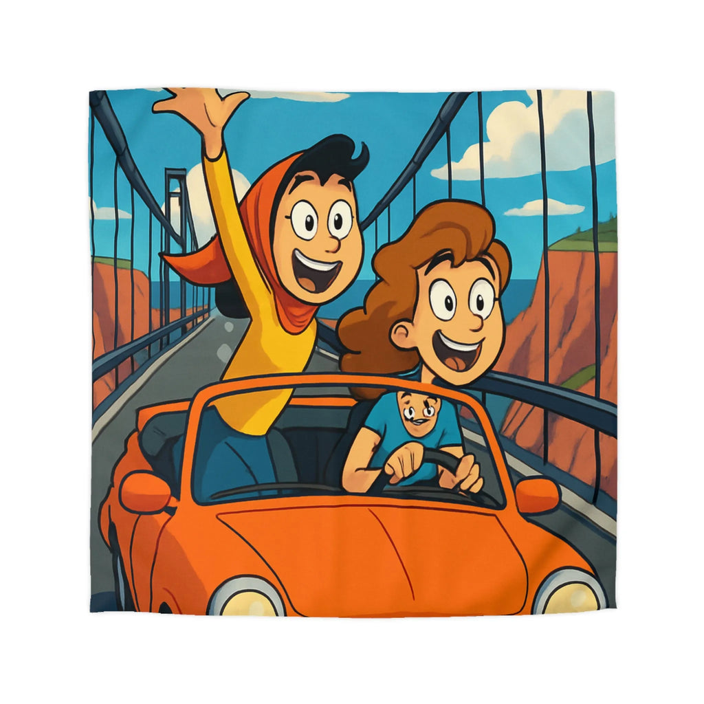 Housse de couette colorée avec illustration de famille en voiture sur pont suspendu