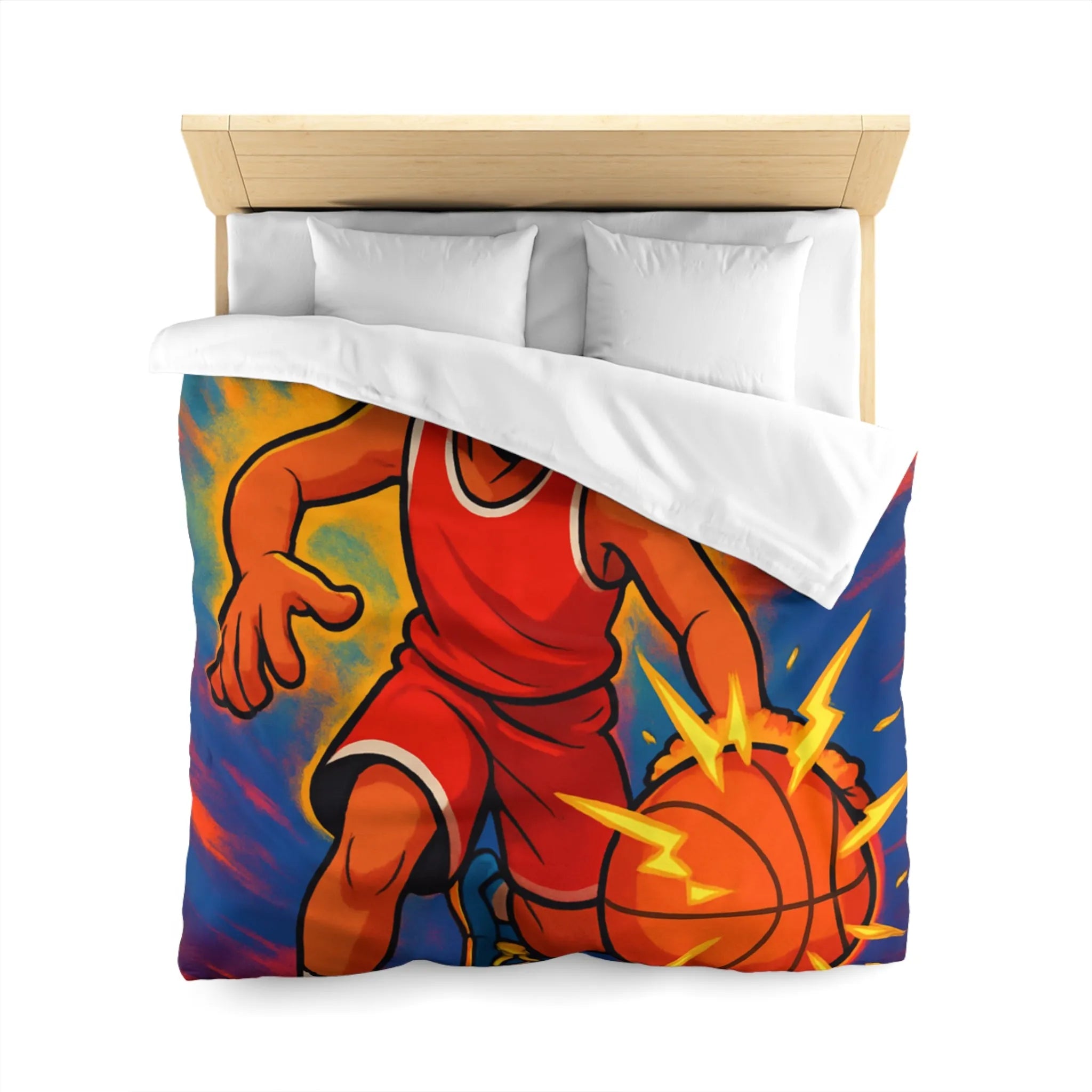 Couette Basketball Dynamique Colorée avec Enfant en Action Rétro Éclaboussures Électriques