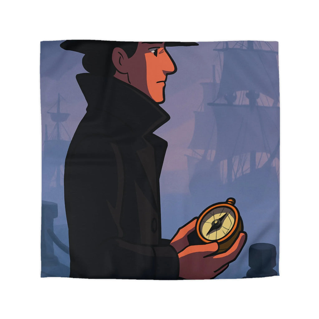 Élégant homme en manteau sombre tenant une boussole devant un port brumeux