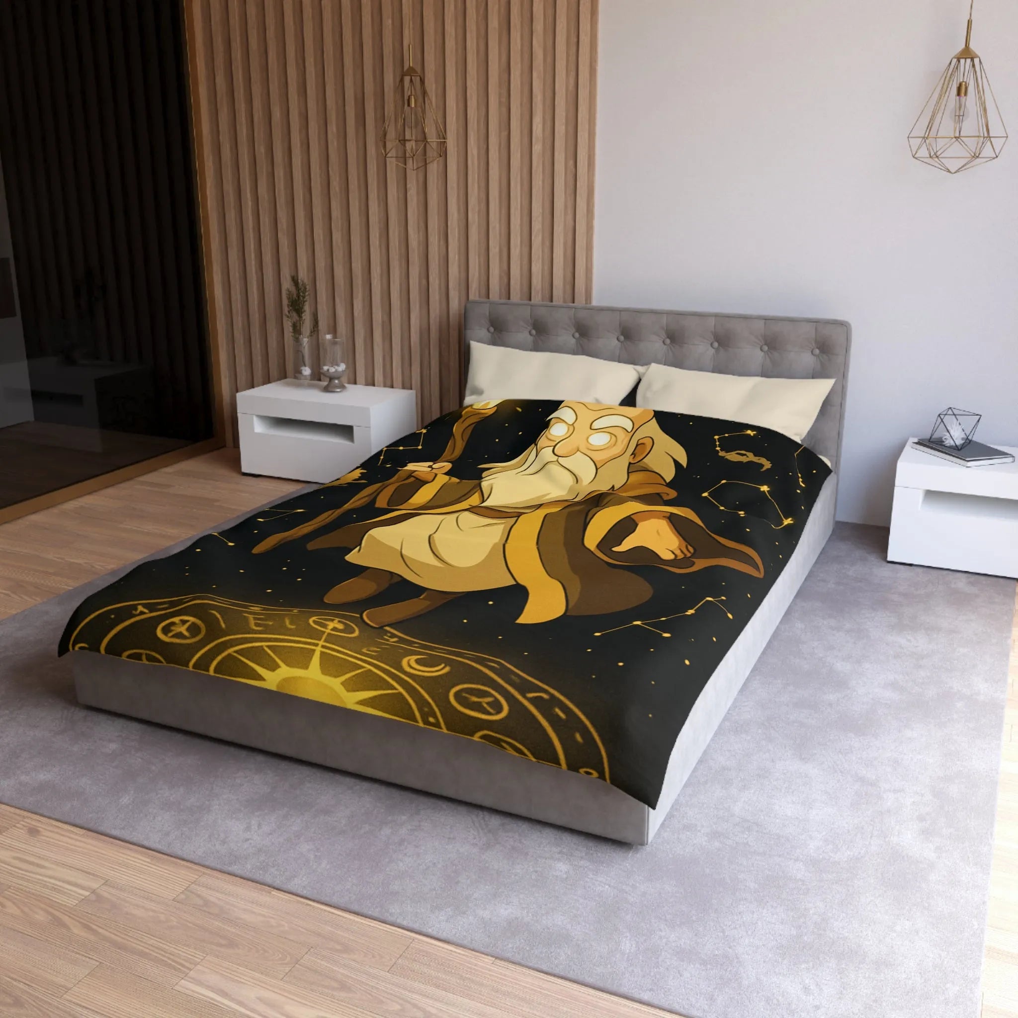 Housse de couette avec magicien illuminé et constellations dorées pour chambres enchantées