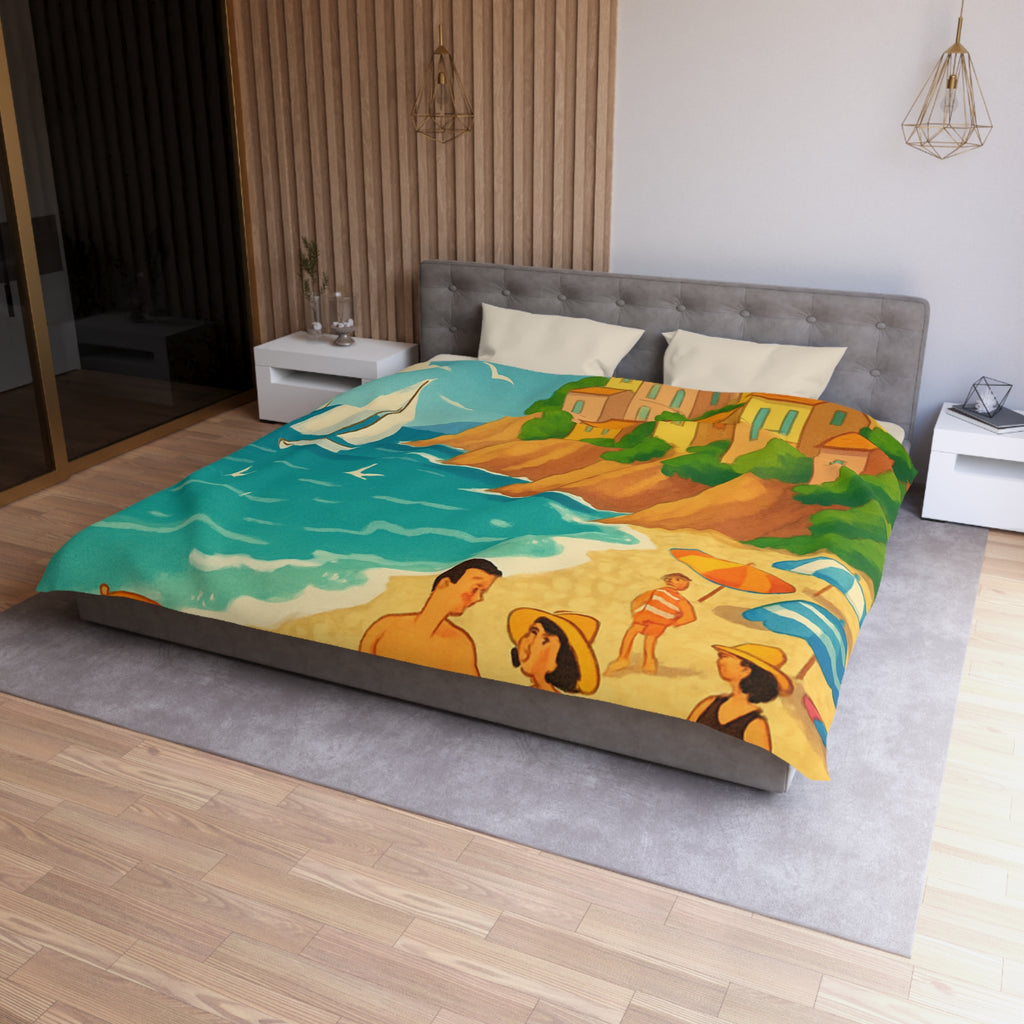 Housse de couette plage méditerranéenne avec paysages colorés et vacanciers ensoleillés