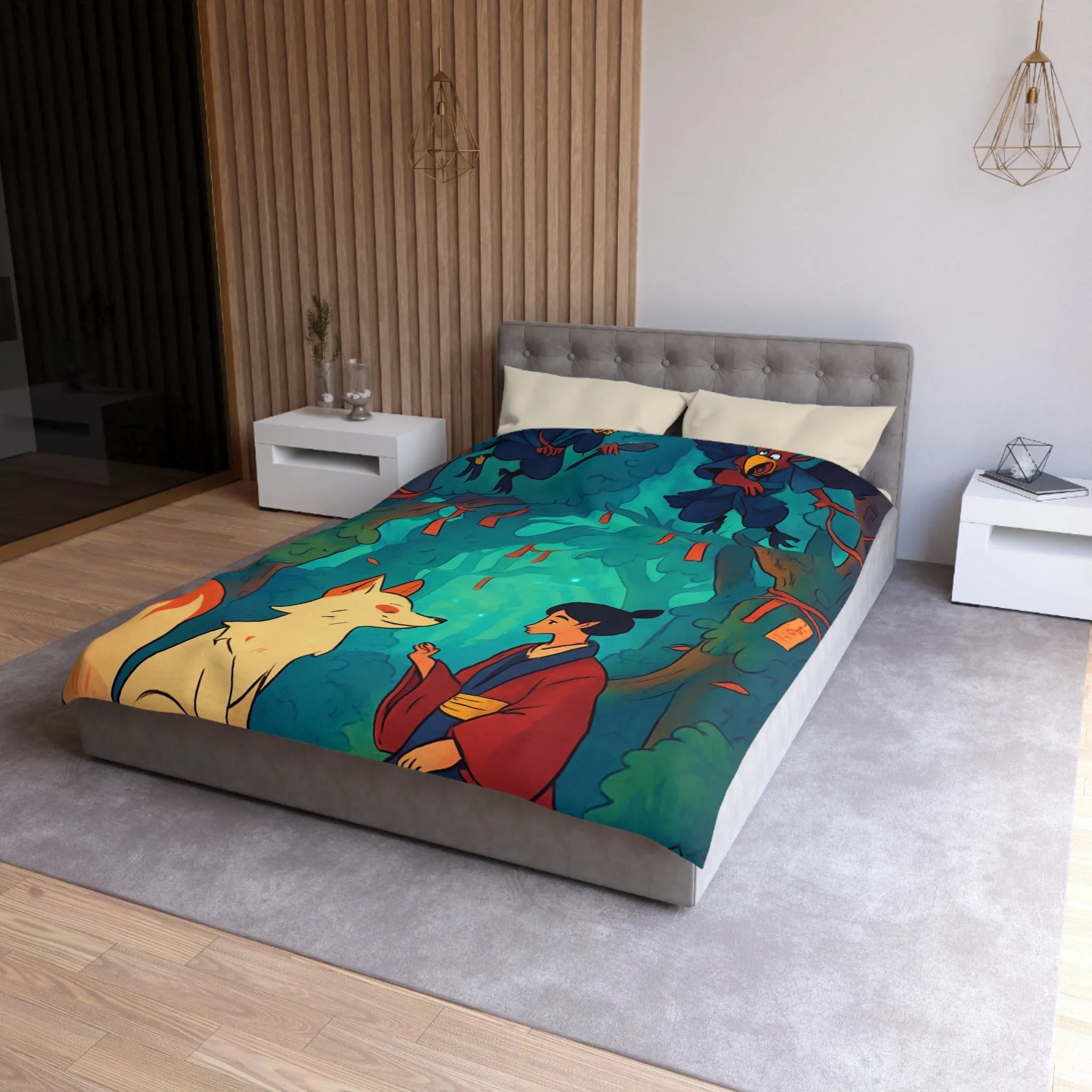 Housse de couette forêt magique avec renard et oiseaux pour chambre paisible