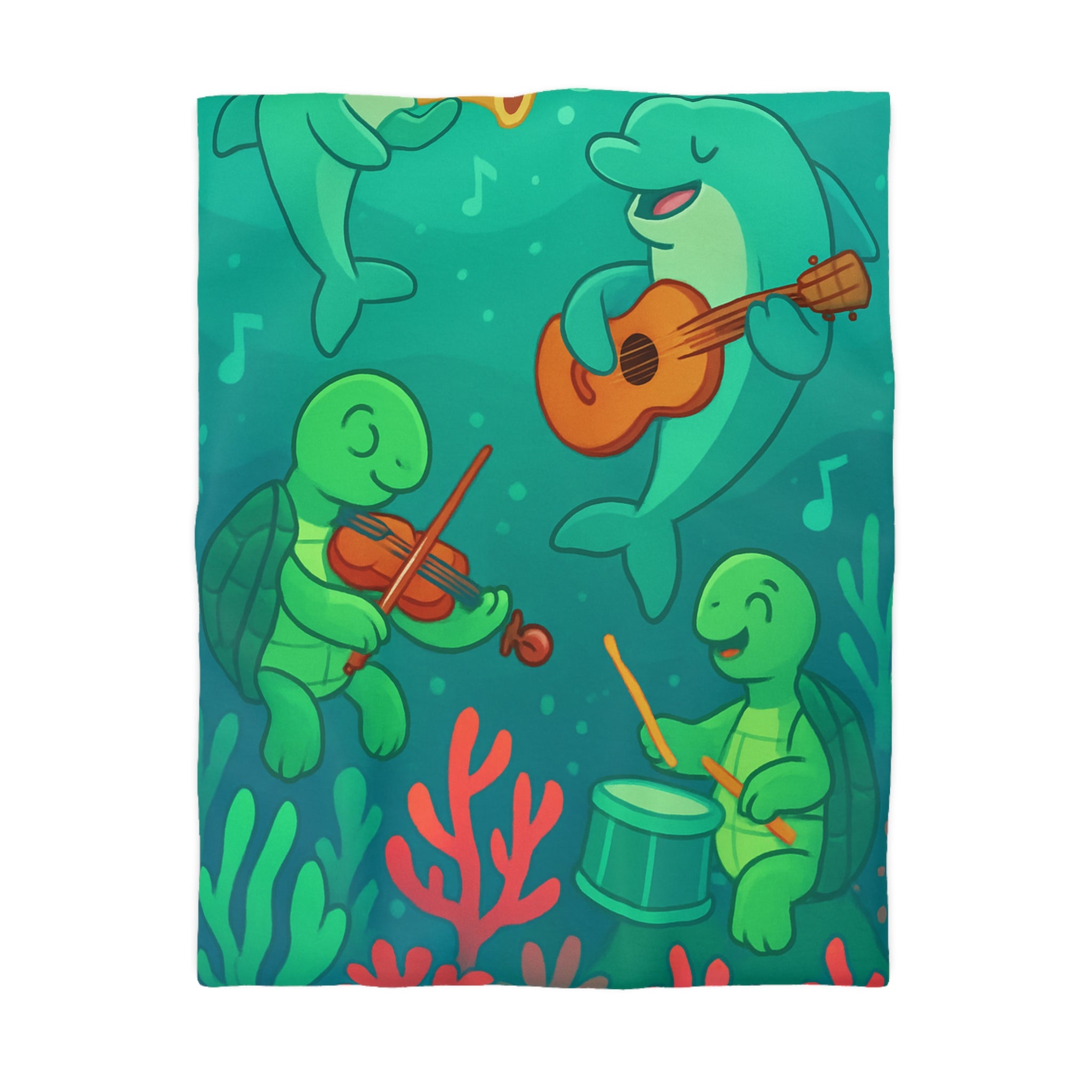 Housse de couette sous-marine avec dauphins et tortues jouant de la musique joyeuse