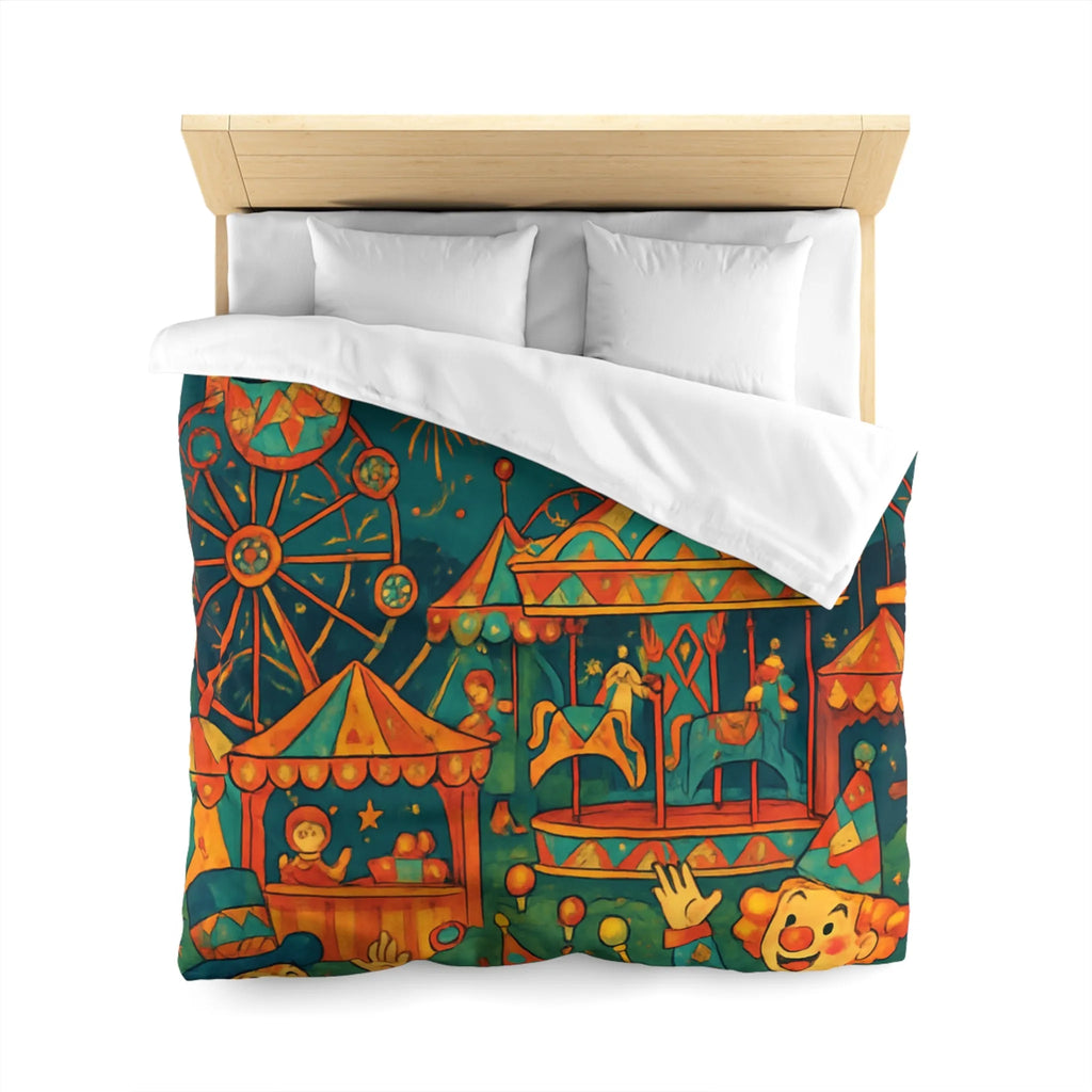 Housse de Couette Enfantine Colorée Fête Foraine avec Manège et Clowns Heureux