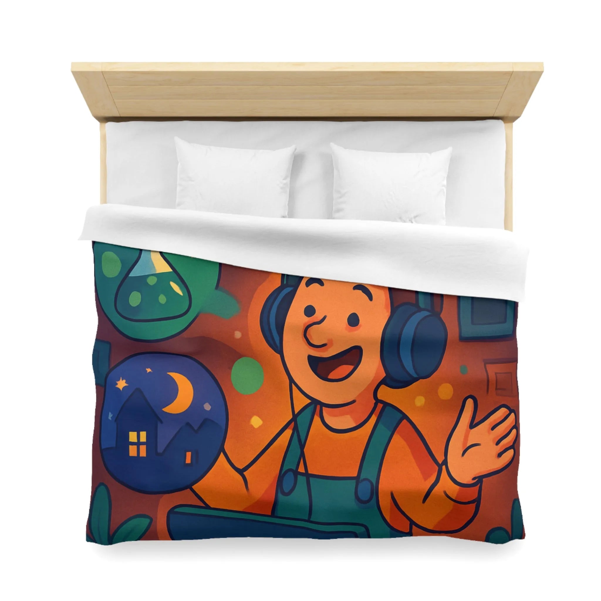 Housse de couette colorée avec illustrations de rêve, voyage et créativité pour enfant