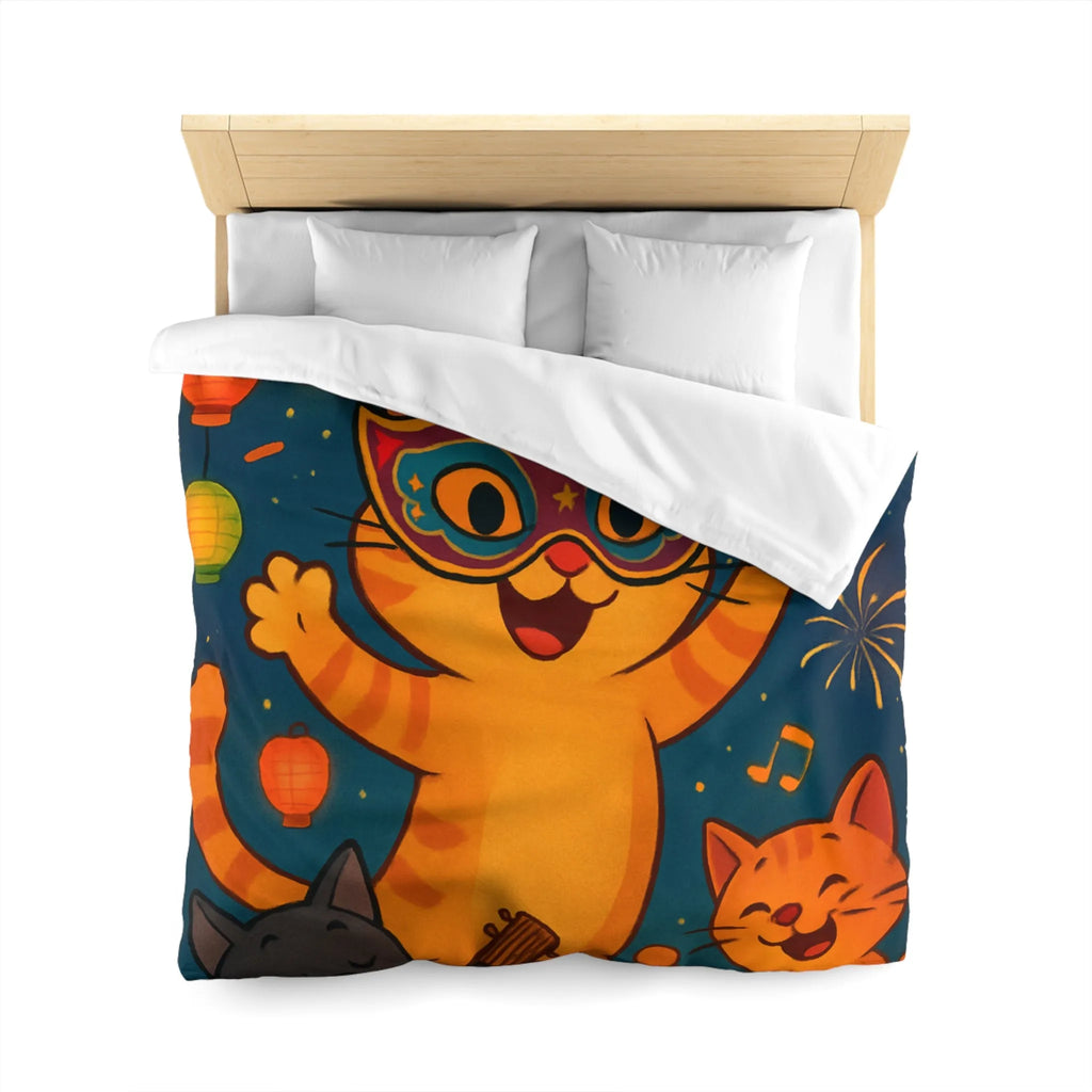 Housse de couette festive avec chats joyeux, feux d'artifice et lanternes colorées