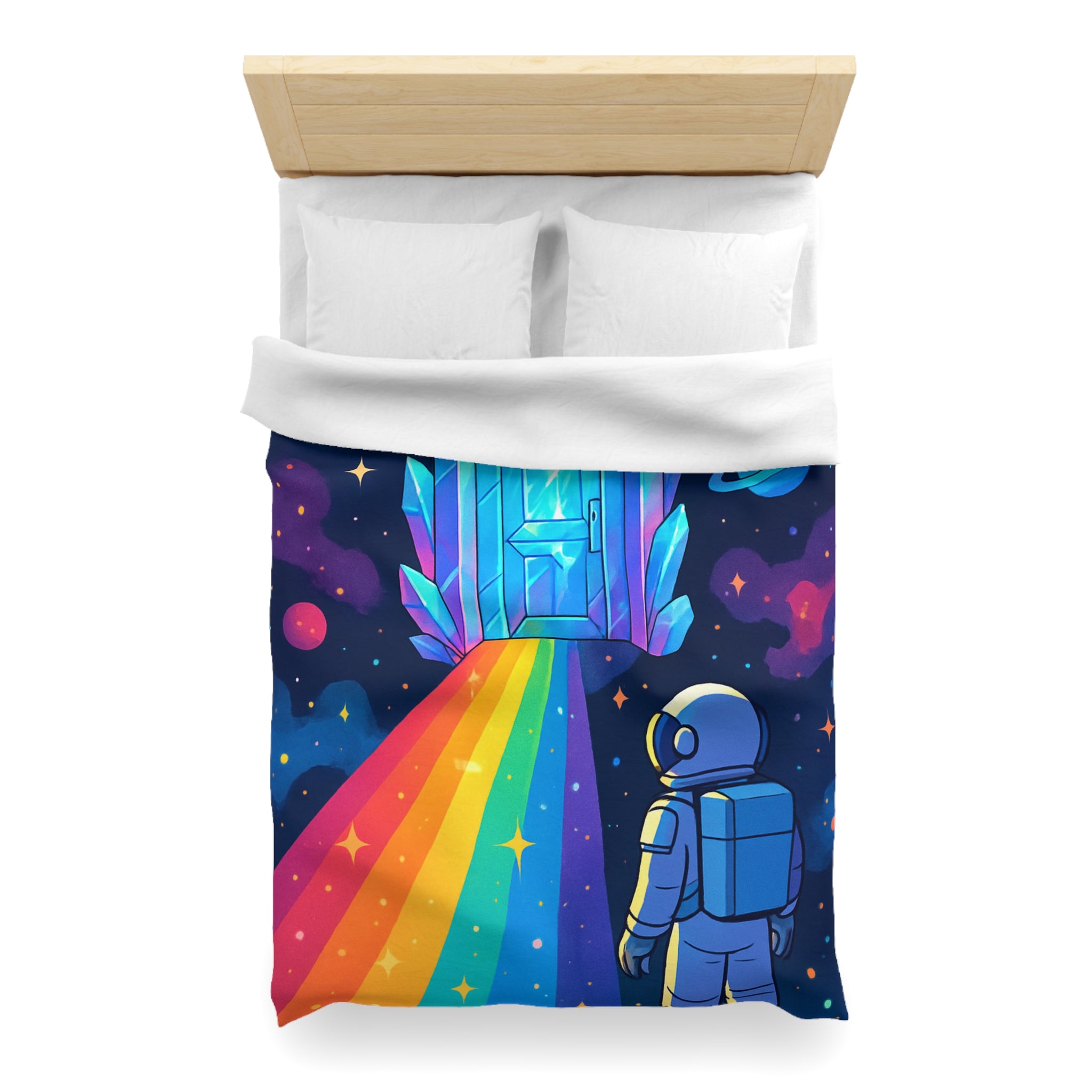 Housse de couette rêve cosmique : astronaute, porte de cristal et univers coloré