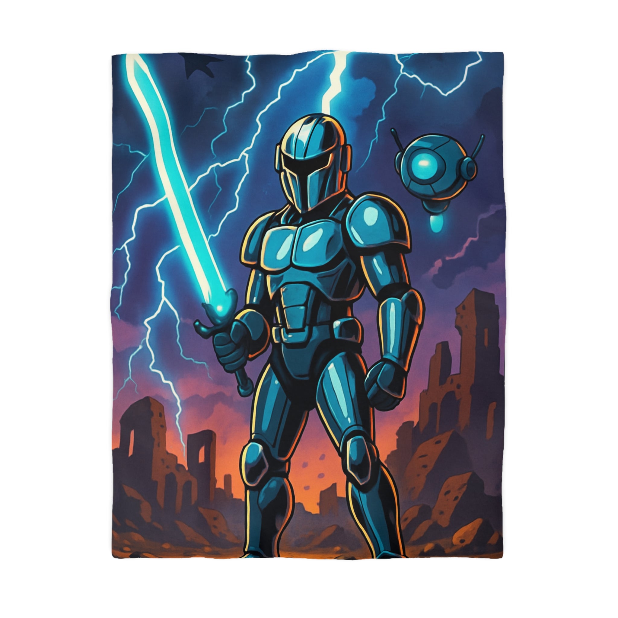 Housse de Couette Sci-Fi avec Guerrier en Armure et Paysage Apocalyptique