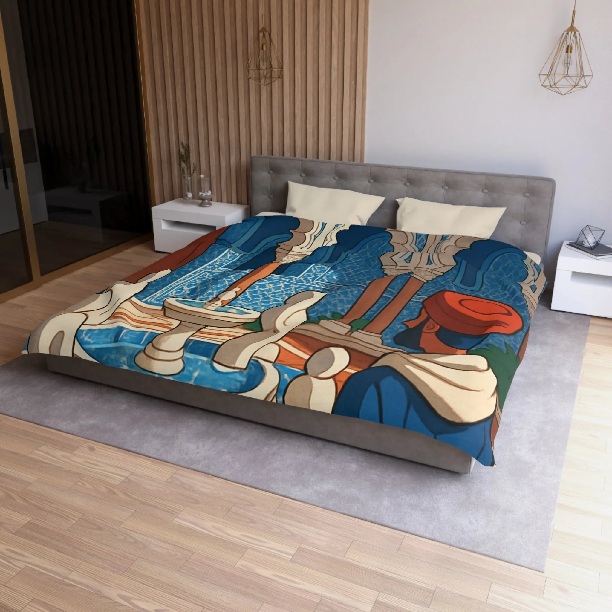 Housse de couette avec design marocain bleu, arches andalouses, fontaine et personnage paisible